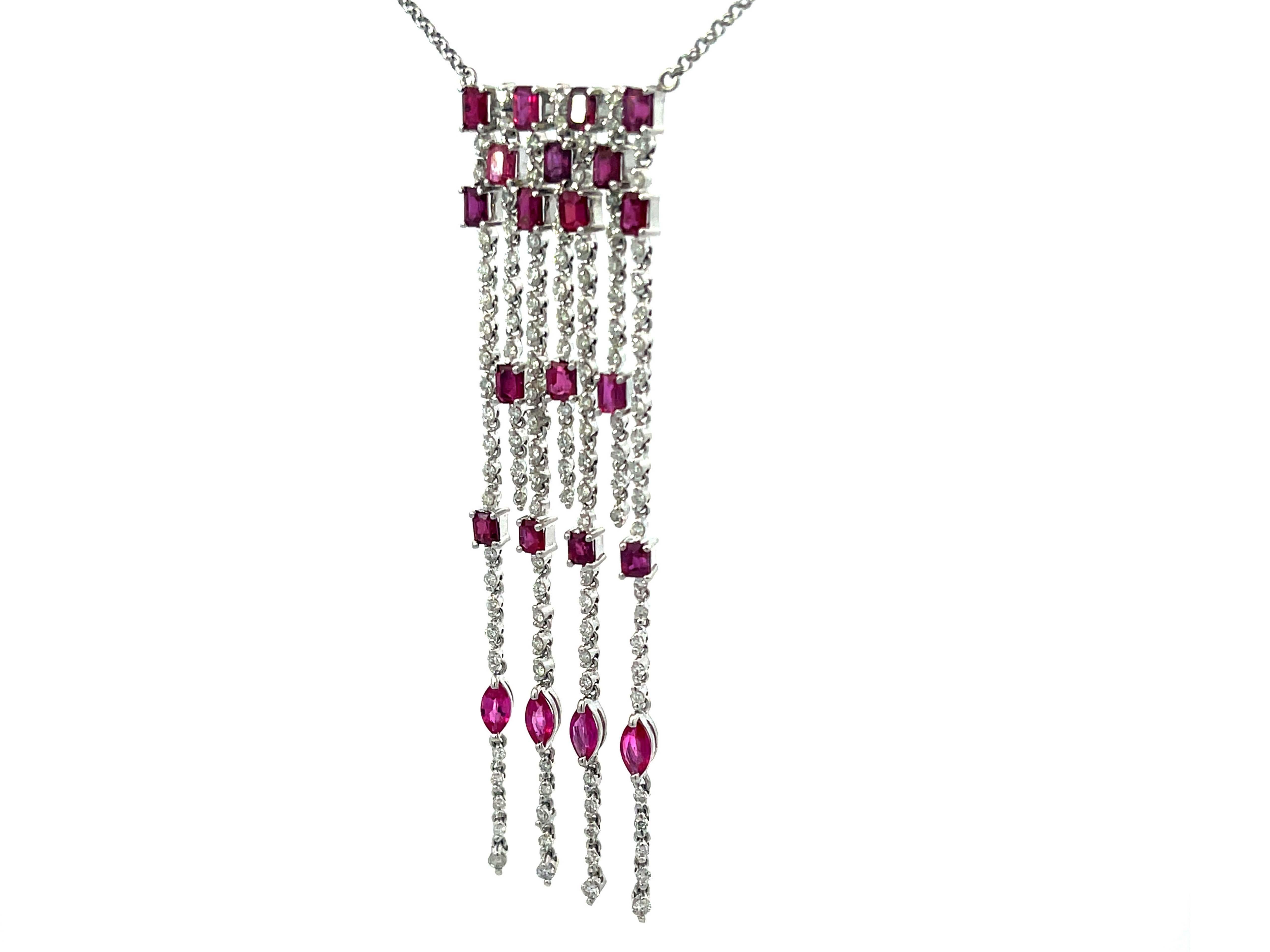 Round Cut Ruby and Diamond Dangly Necklace in 18K White Gold For Sale