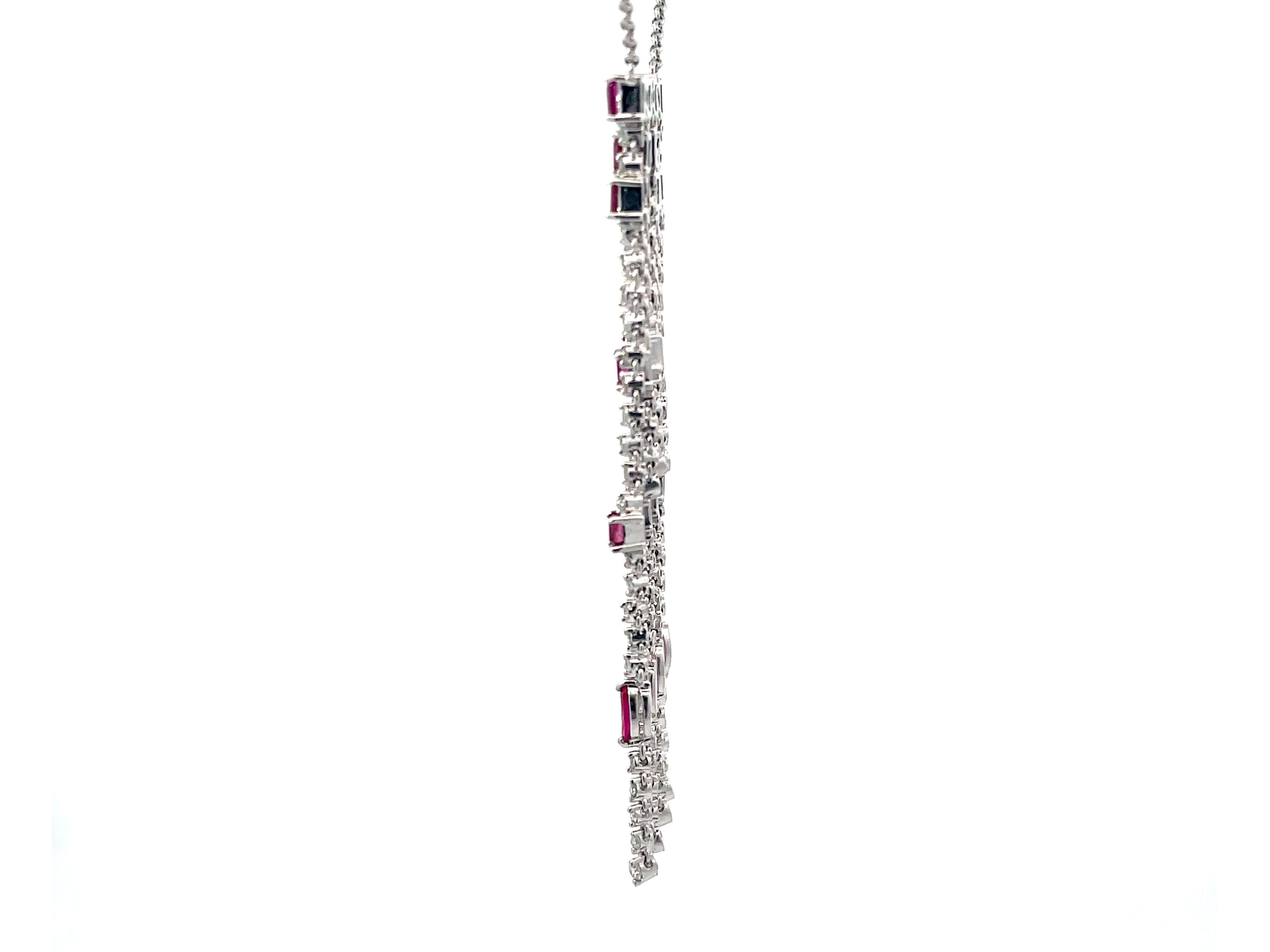Ruby and Diamond Dangly Necklace in 18K White Gold In Excellent Condition For Sale In Honolulu, HI