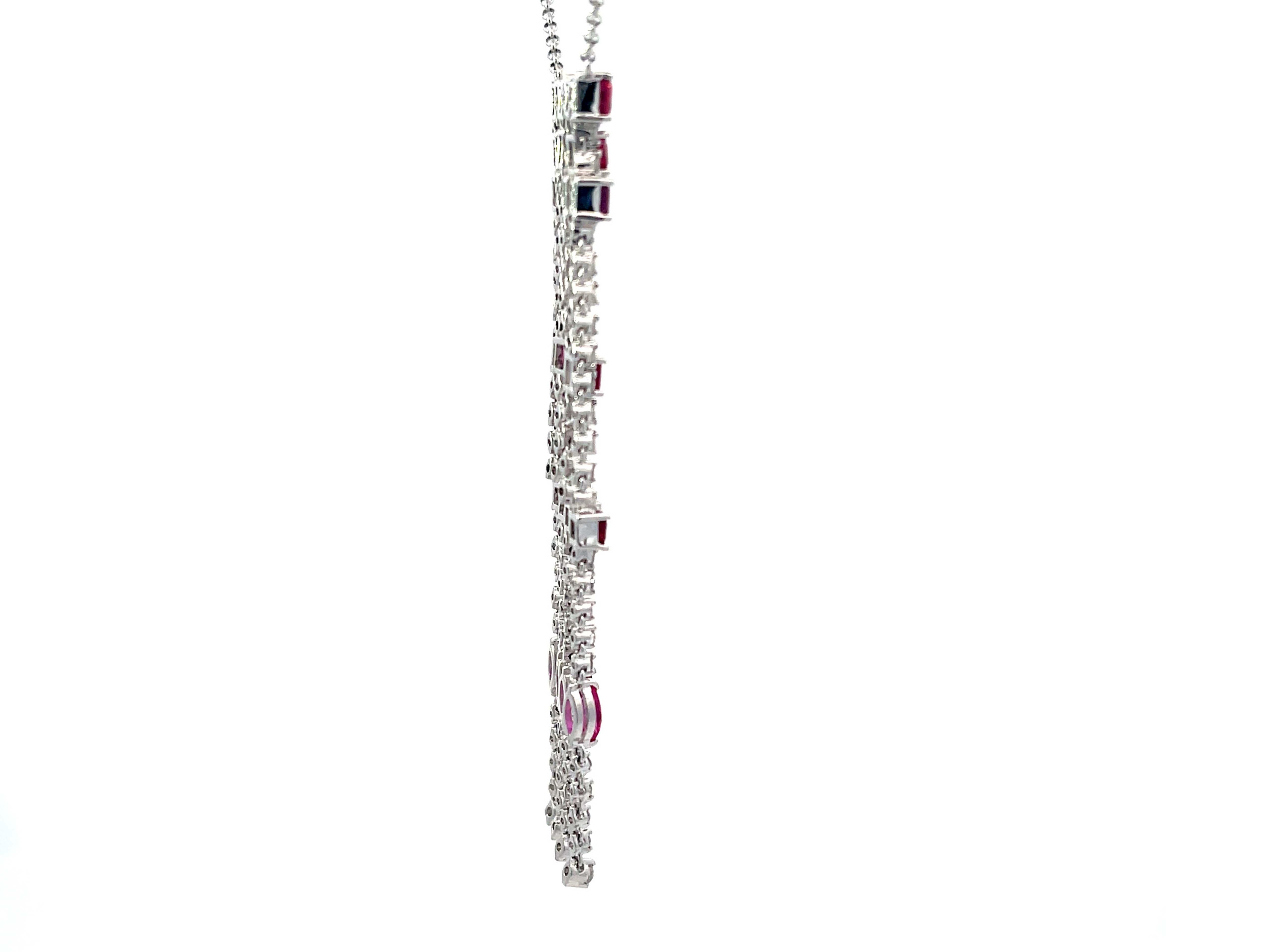 Women's Ruby and Diamond Dangly Necklace in 18K White Gold For Sale