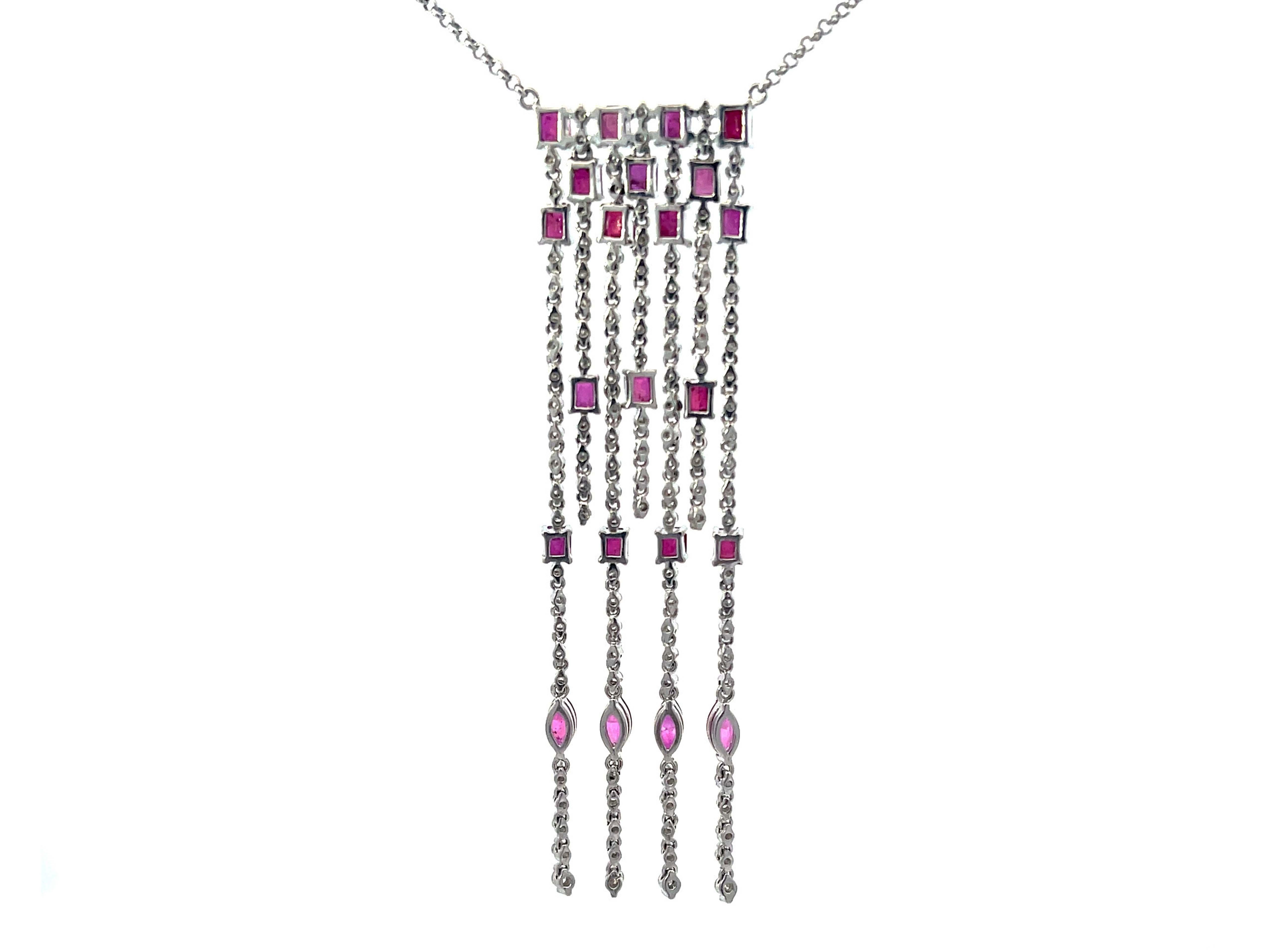 Ruby and Diamond Dangly Necklace in 18K White Gold For Sale 1