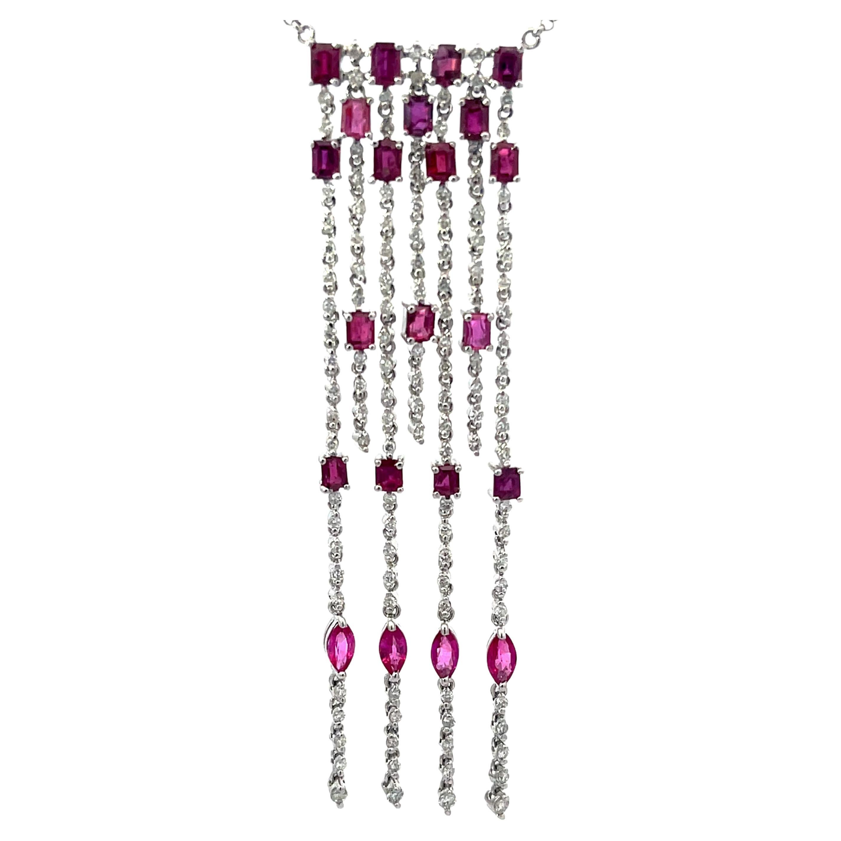 Ruby and Diamond Dangly Necklace in 18K White Gold For Sale