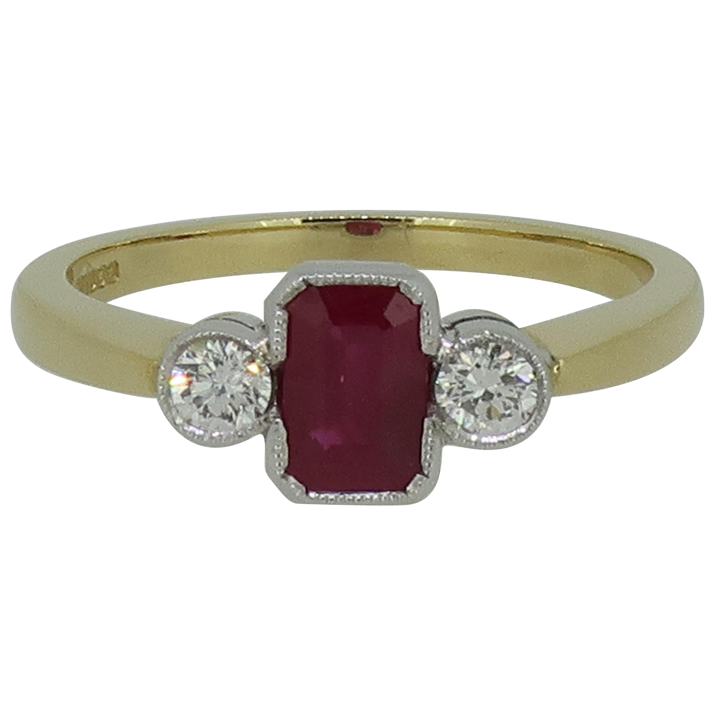 Ruby and Diamond Deco Style Three-Stone Ring 18 Karat Yellow and White Gold For Sale