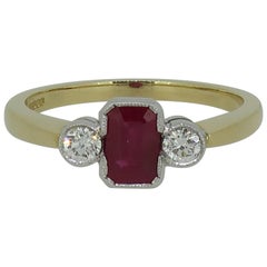 Ruby and Diamond Deco Style Three-Stone Ring 18 Karat Yellow and White Gold