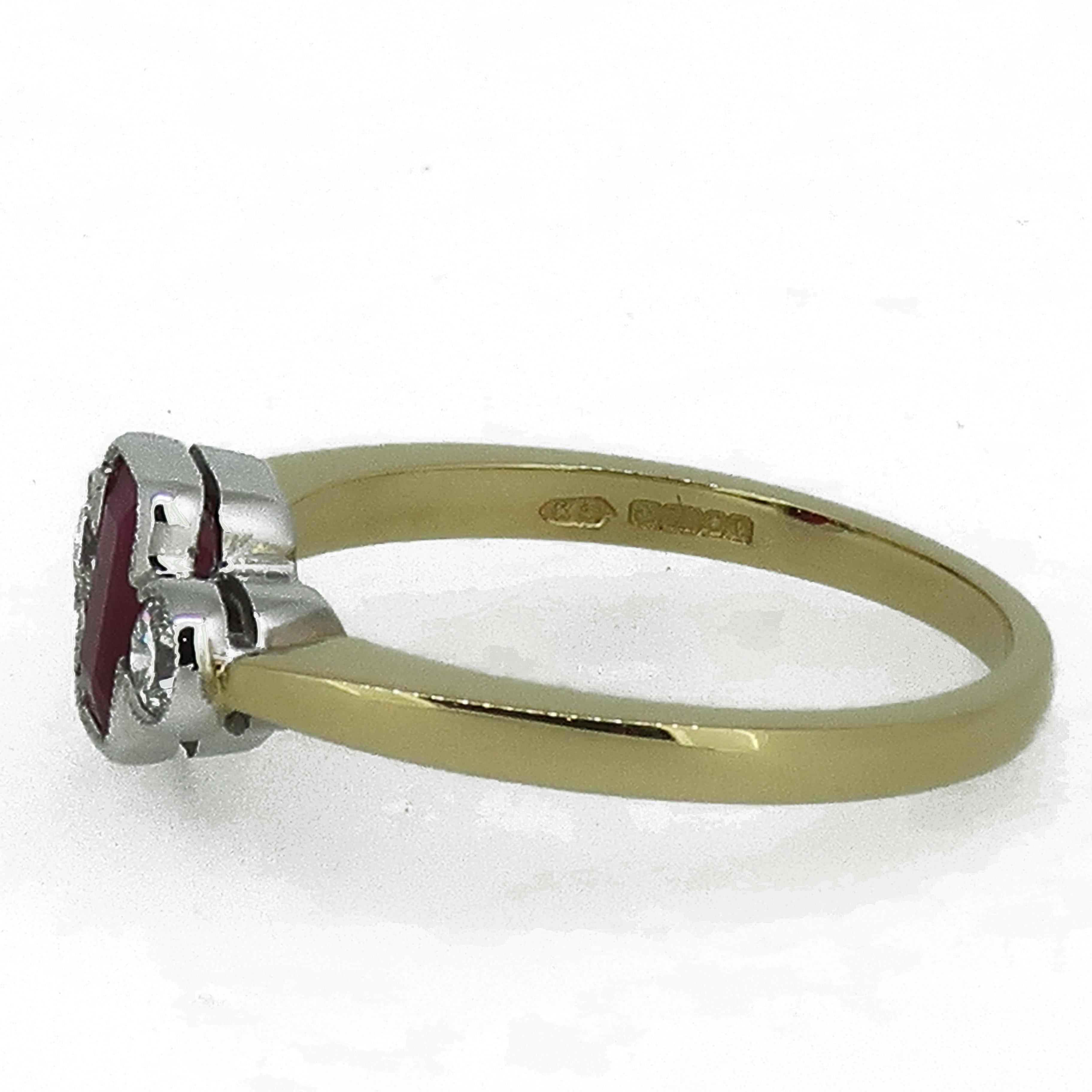 Ruby and Diamond Deco Style Three Stone Ring 18 Karat Yellow & White Gold

A dainty but dazzling Art Deco style ruby & diamond 3 stone ring. Central emerald cut ruby flanked by a brilliant cut diamond either side encased in a fine 18 carat white