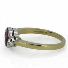 Ruby and Diamond Deco Style Three-Stone Ring 18 Karat Yellow and White Gold