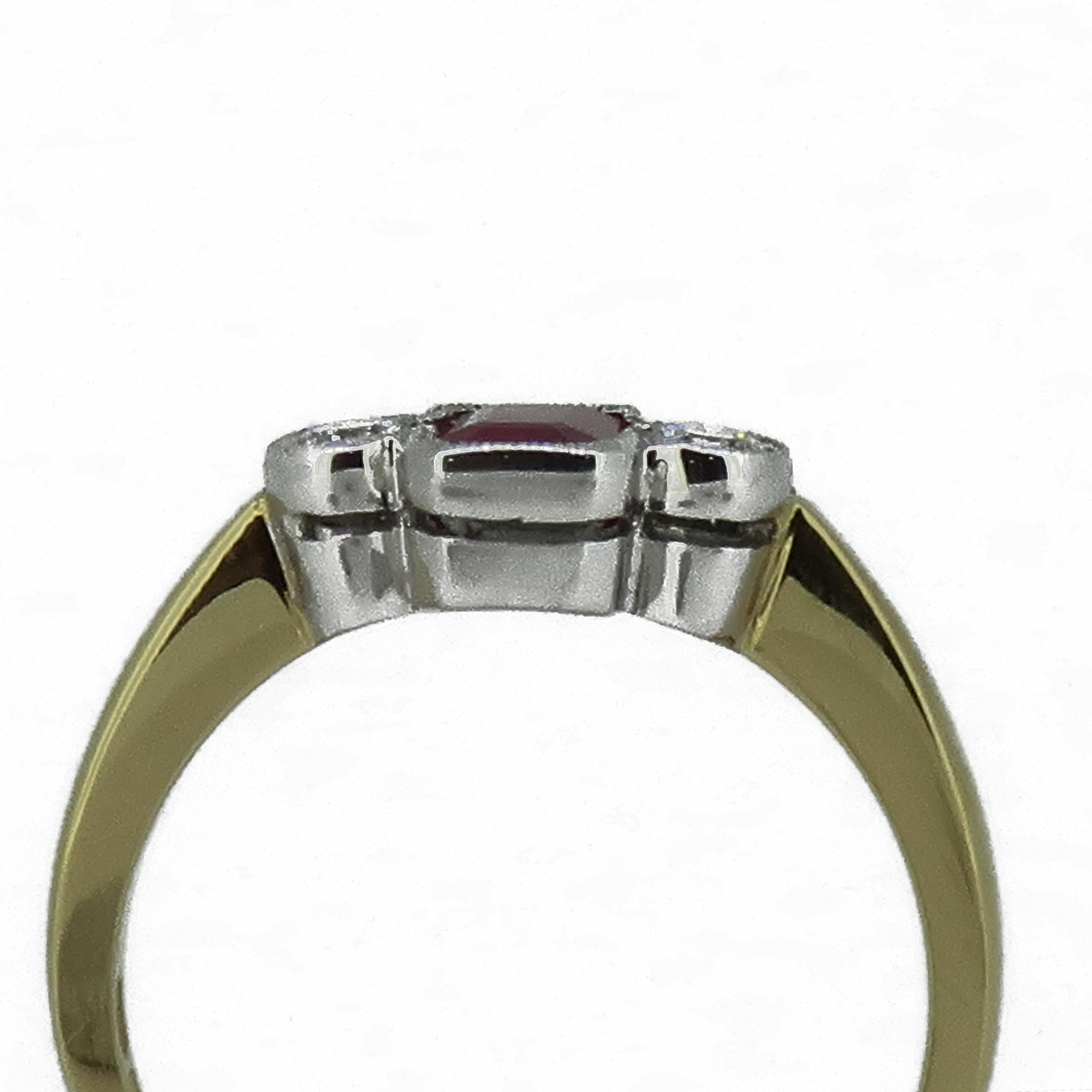 Women's Ruby and Diamond Deco Style Three-Stone Ring 18 Karat Yellow and White Gold For Sale