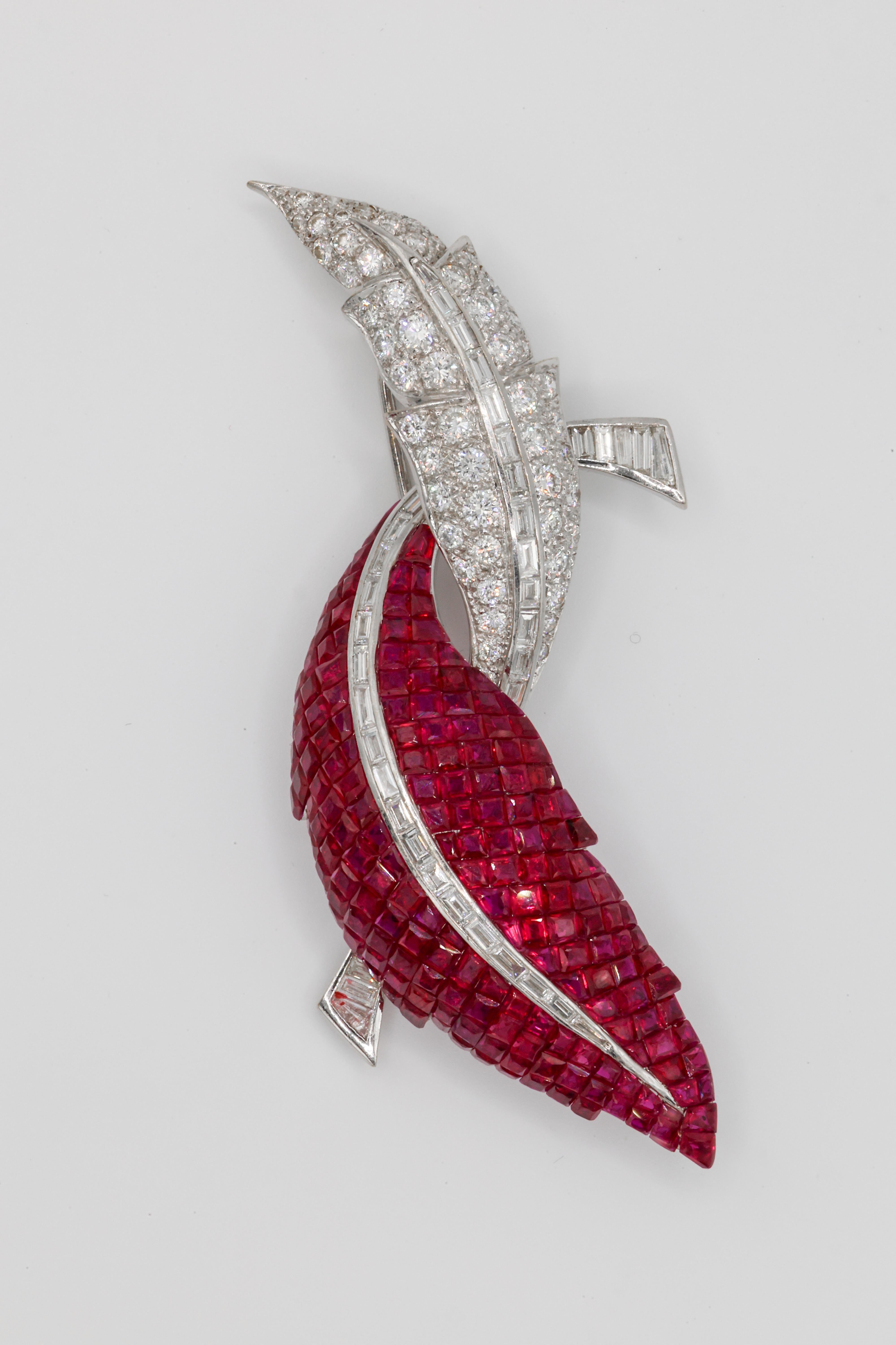 Ruby And Diamond Double Leaf Motif Brooch (two To… - image 2