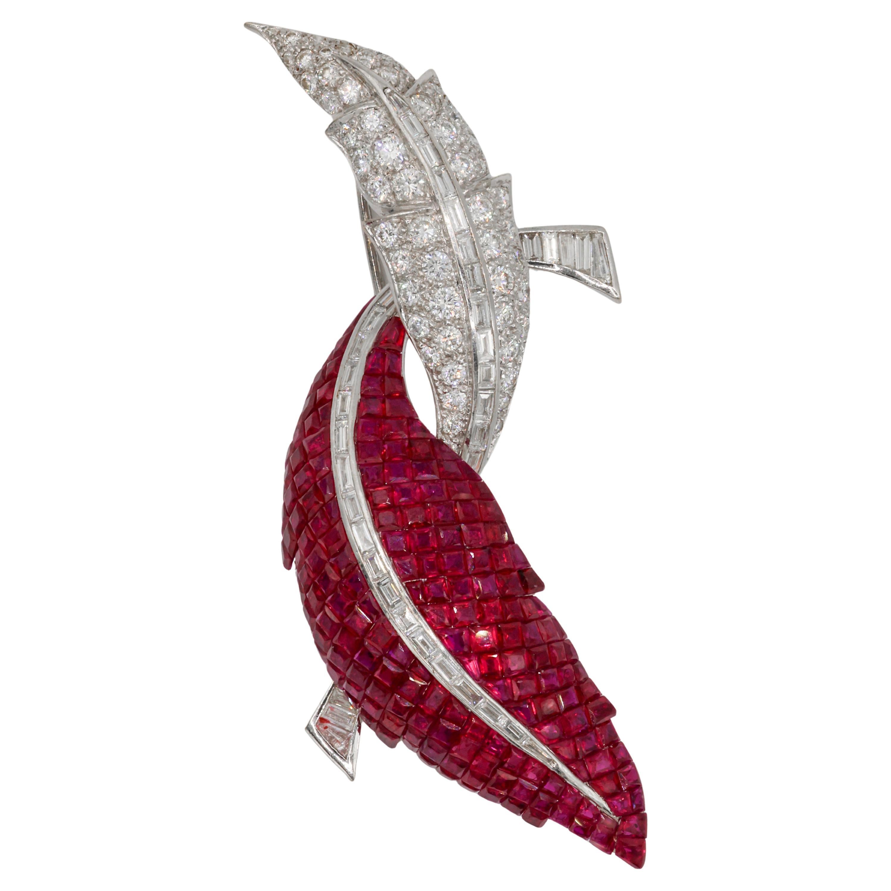 Ruby and Diamond Double Leaf Motif Brooch (Two Tone)
