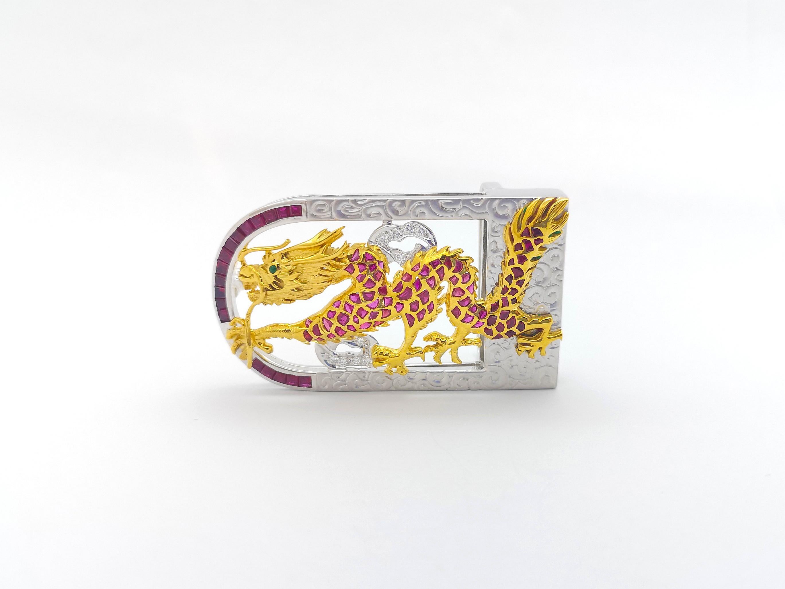 Contemporary Ruby and Diamond Dragon Belt Buckle set in 18K White Gold Settings For Sale