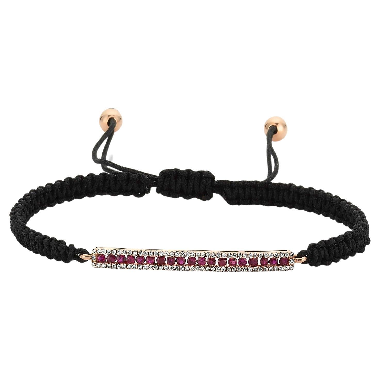 14k Rose Gold Ruby and Diamond Cord Bolo Bracelet For Sale