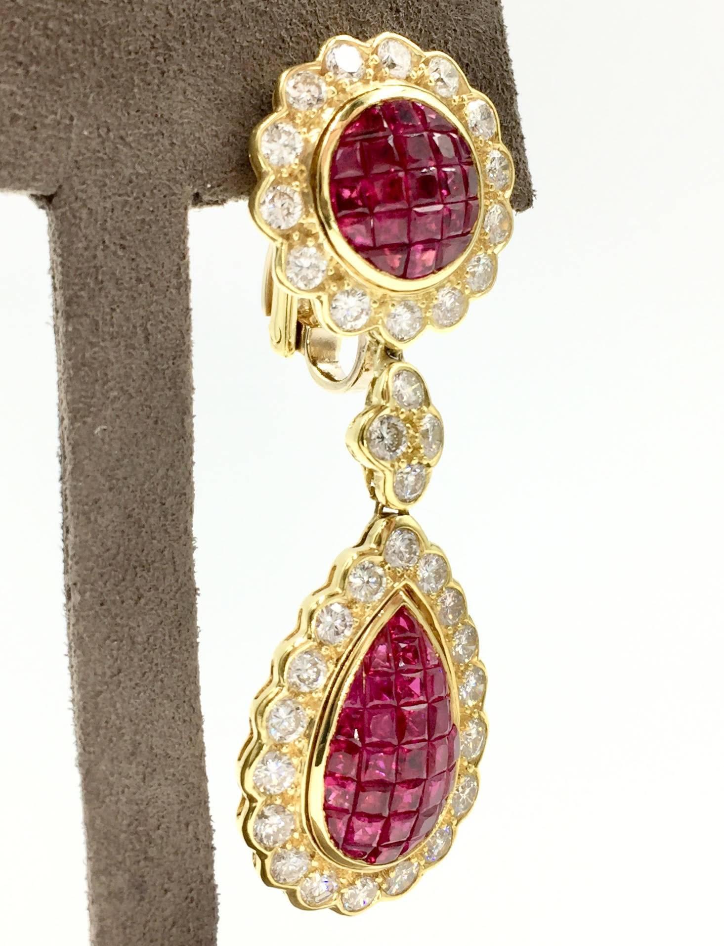 Modern Ruby and Diamond Drop 18 Karat Yellow Gold Earrings   For Sale