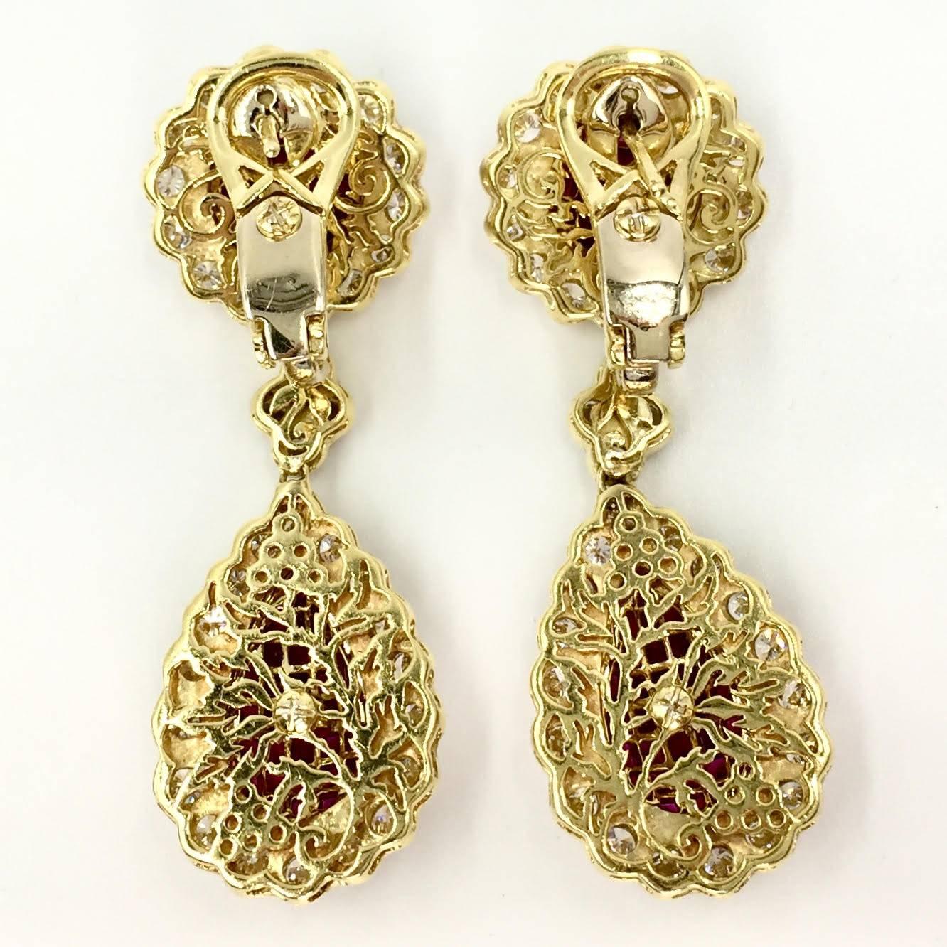 Ruby and Diamond Drop 18 Karat Yellow Gold Earrings   In New Condition For Sale In Pikesville, MD
