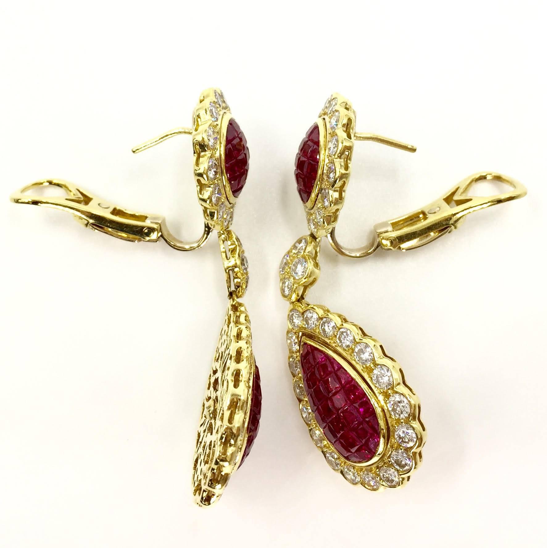 Men's Ruby and Diamond Drop 18 Karat Yellow Gold Earrings   For Sale