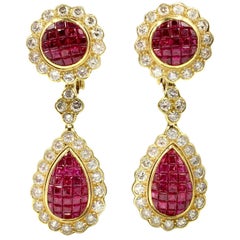 Ruby and Diamond Drop 18 Karat Yellow Gold Earrings  