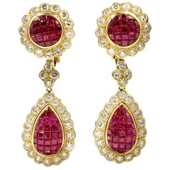 Ruby and Diamond Drop 18 Karat Yellow Gold Earrings