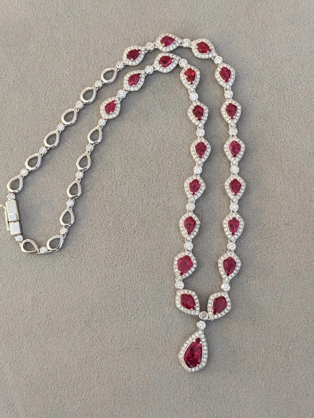 Shield Cut Ruby and Diamond Drop Choker Necklace in 18k White Gold For Sale