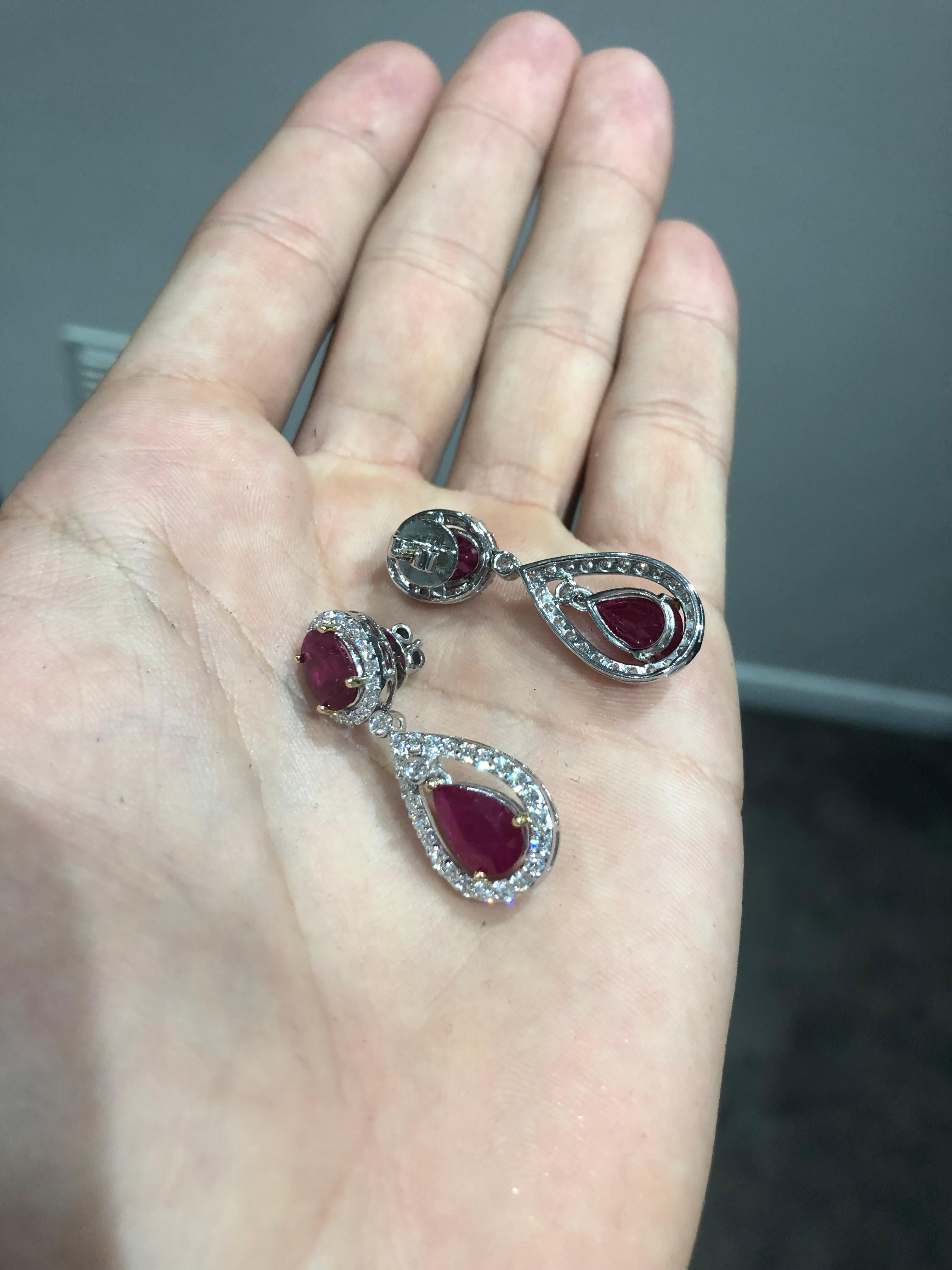 Oval Cut Ruby and Diamond Drop Earrings 7.67 Carats