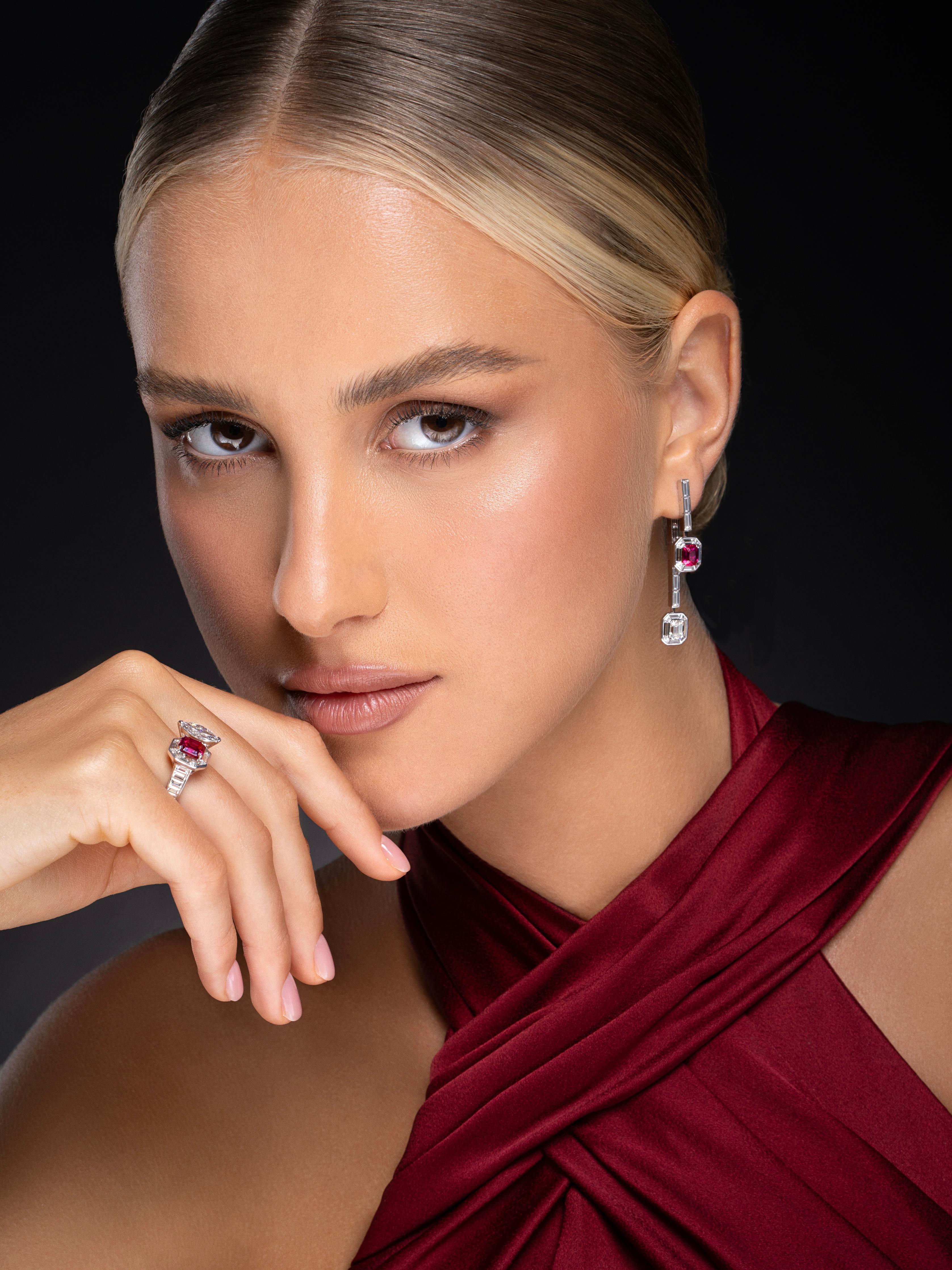 Modern Ruby and Diamond Drop Earrings For Sale