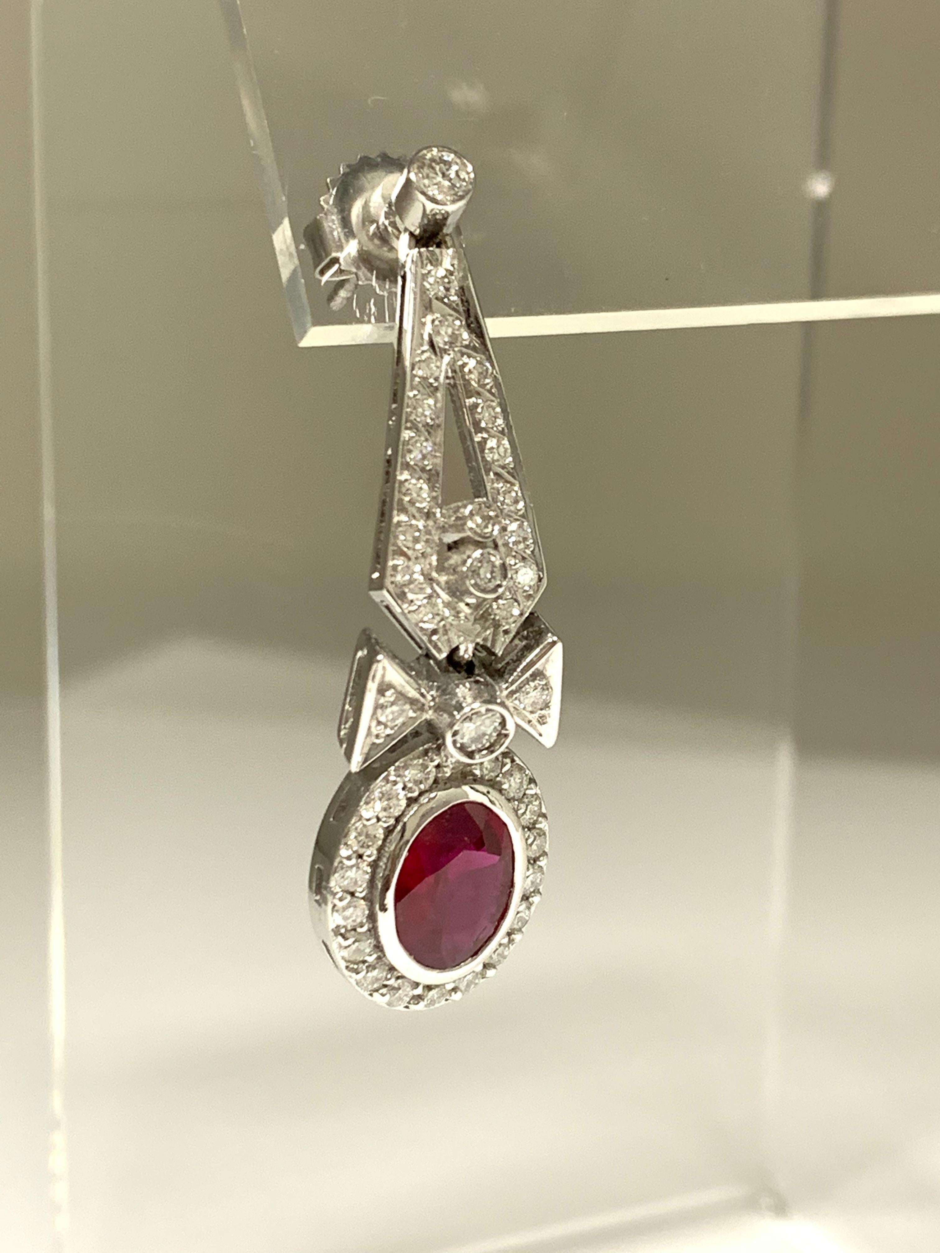 Women's or Men's Ruby and Diamond Drop Earrings in 18 Karat White Gold For Sale