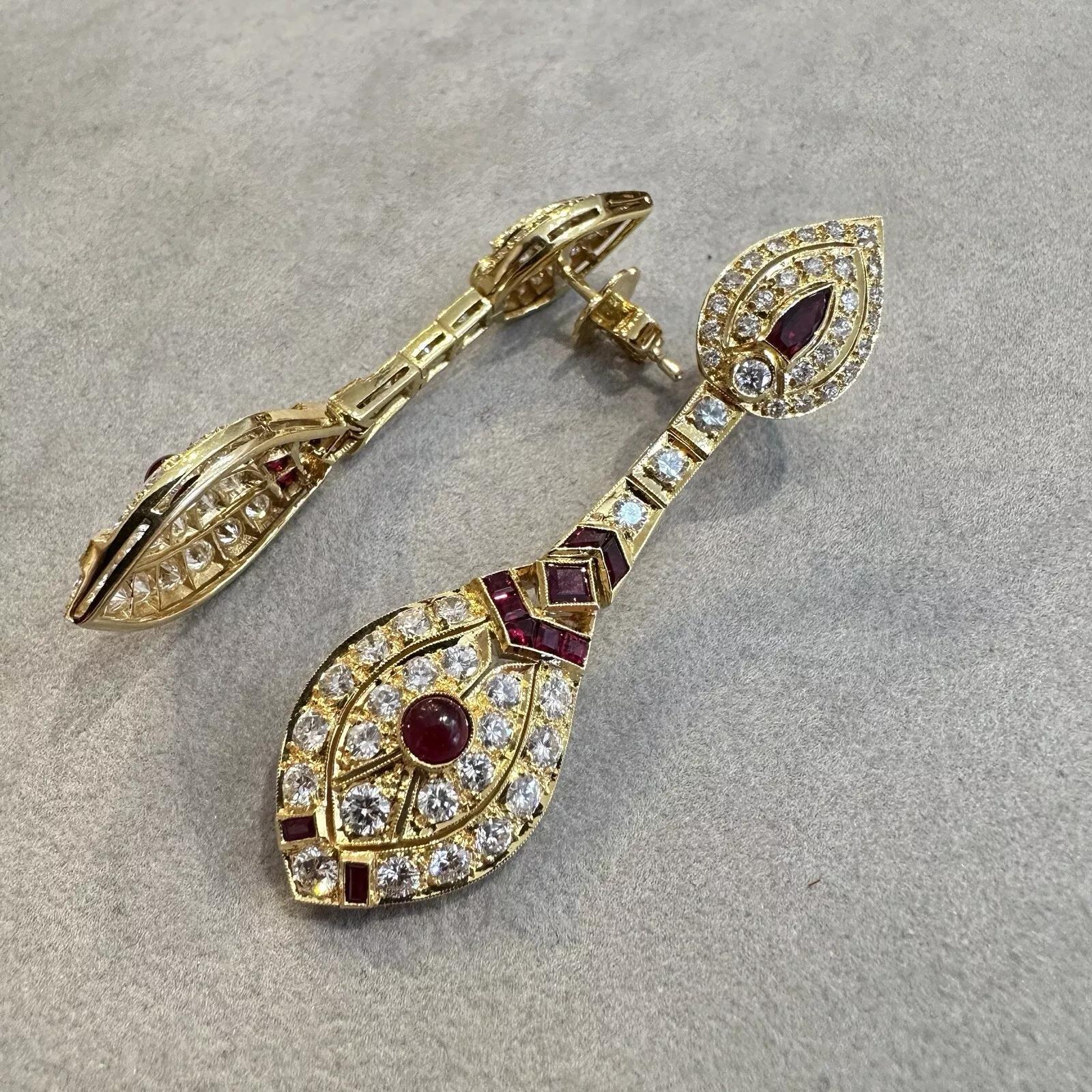 Round Cut Ruby and Diamond Drop Earrings in 18k Yellow Gold For Sale