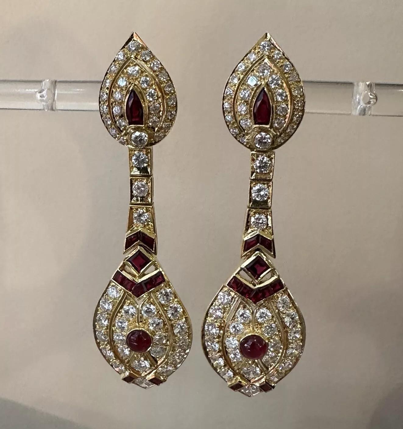 Women's Ruby and Diamond Drop Earrings in 18k Yellow Gold For Sale