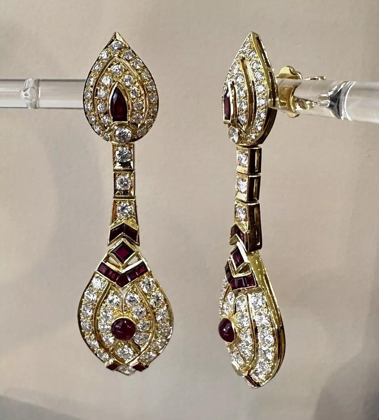 Ruby and Diamond Drop Earrings in 18k Yellow Gold For Sale 1