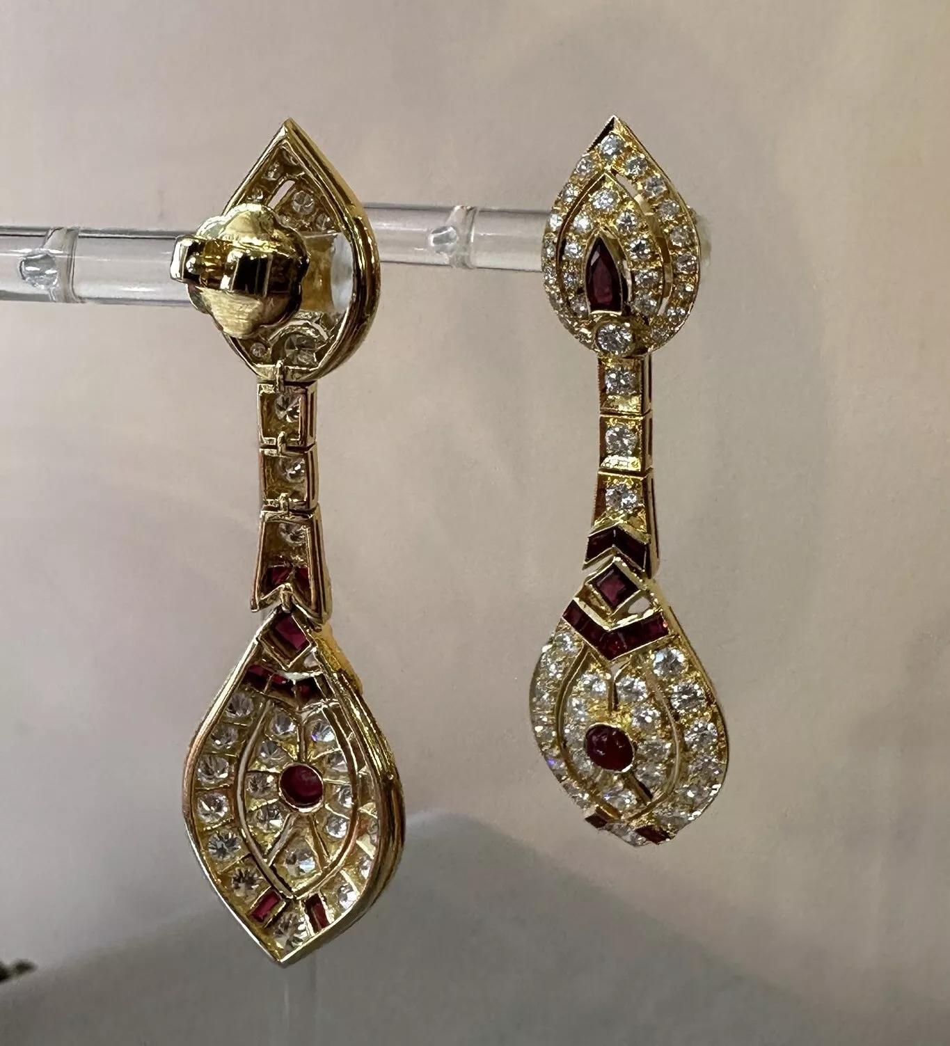 Ruby and Diamond Drop Earrings in 18k Yellow Gold For Sale 2
