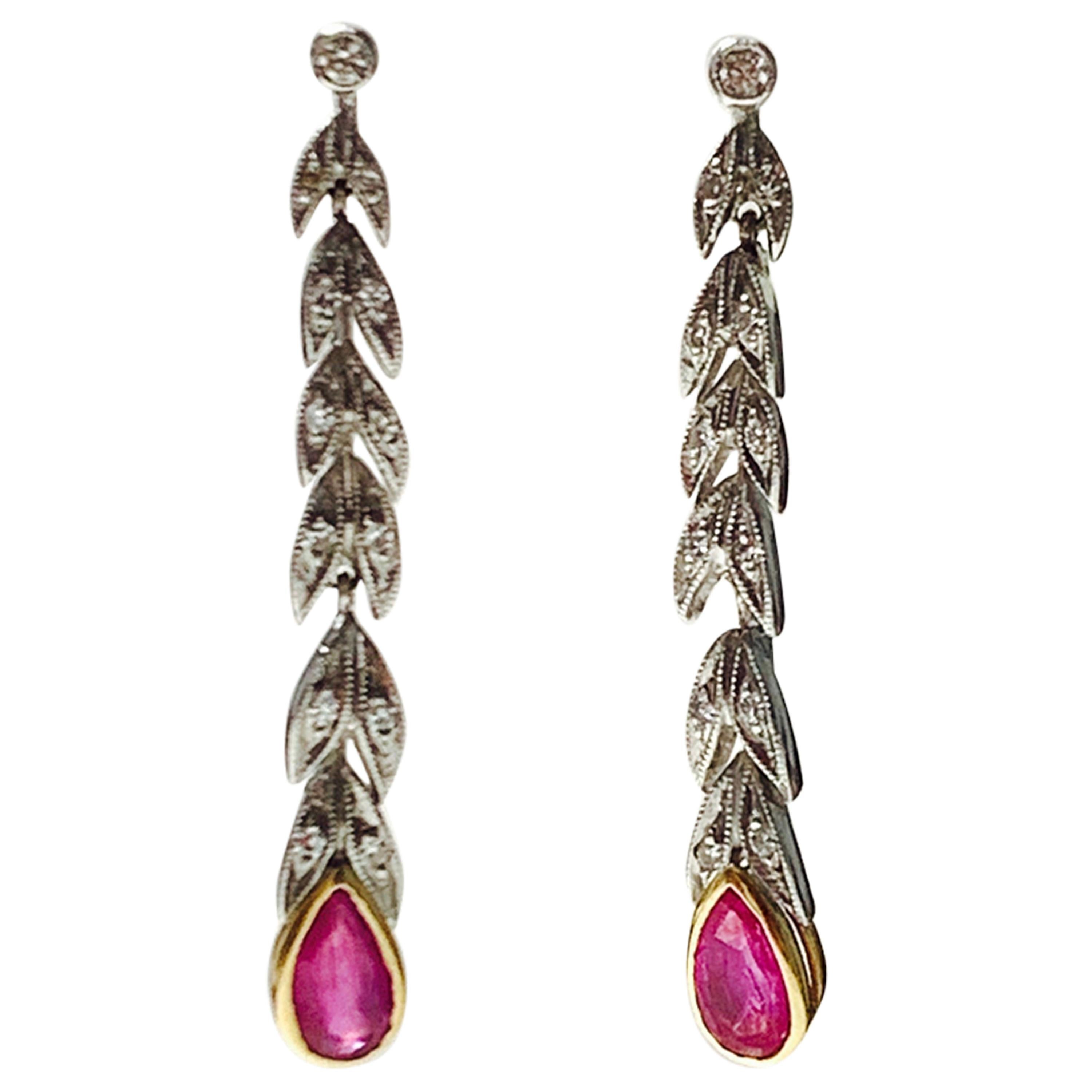 Ruby and Diamond Drop Earrings in Platinum and 18 Karat White Gold For Sale