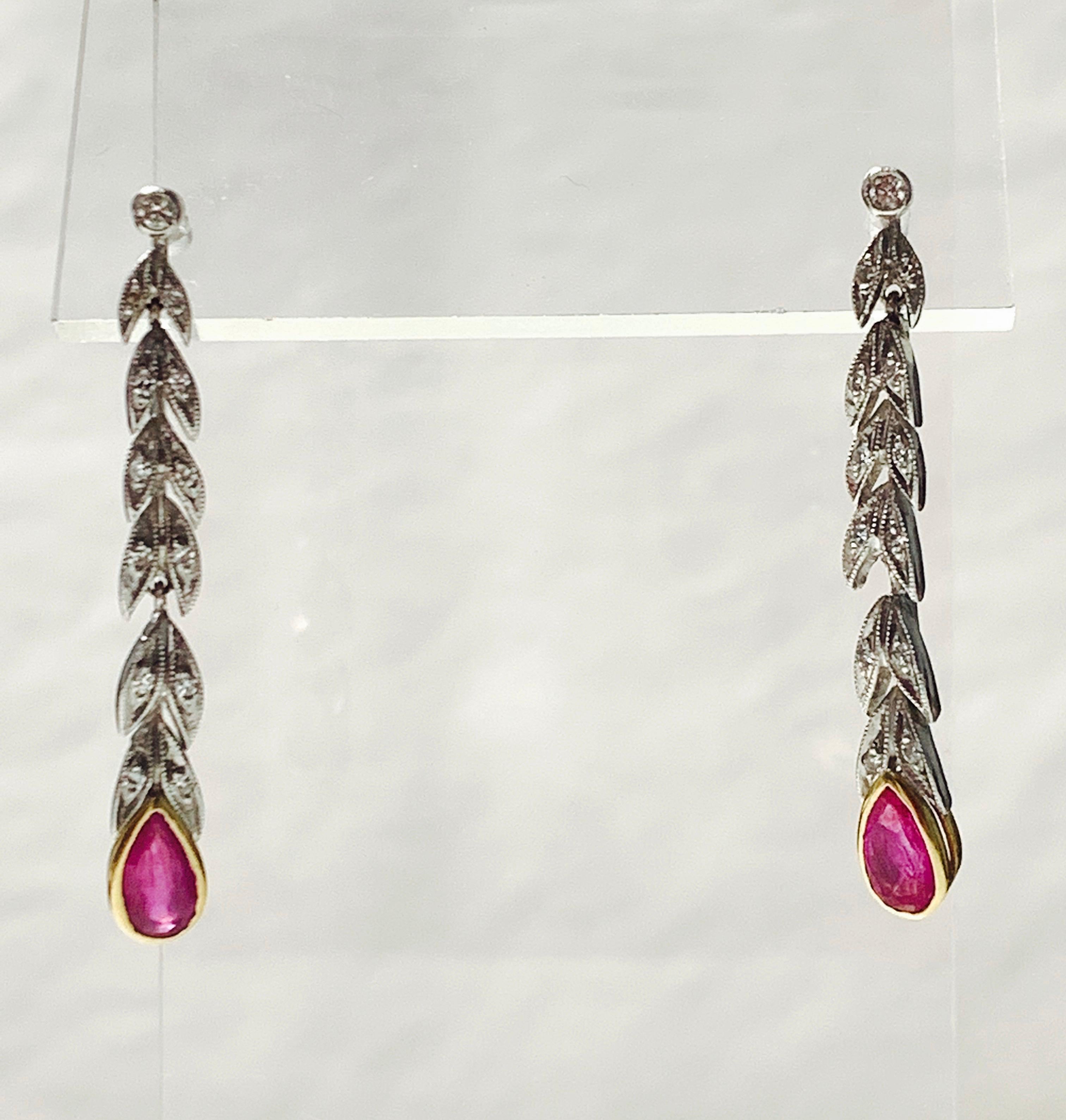 Women's Ruby and Diamond Drop Earrings in Platinum and 18 Karat White Gold For Sale