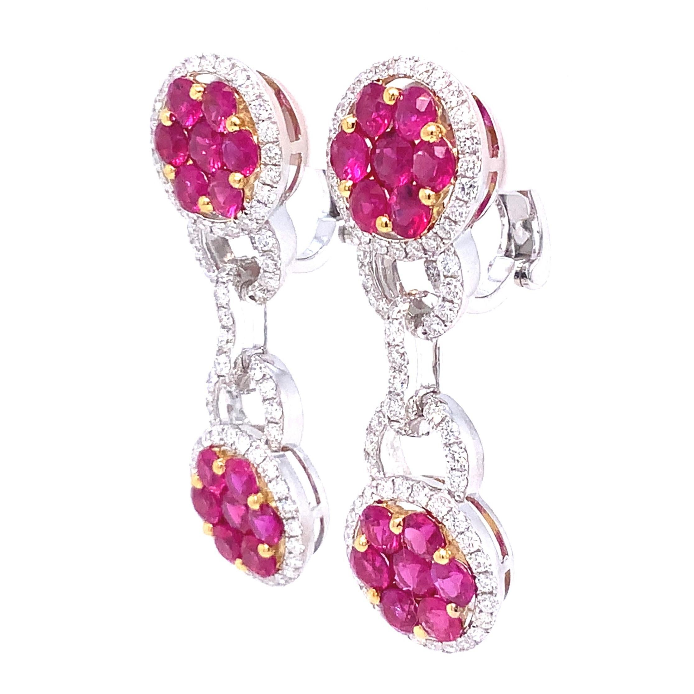 Contemporary Ruby and Diamond Drop Earrings Set in 18 Karat White and Yellow Gold For Sale