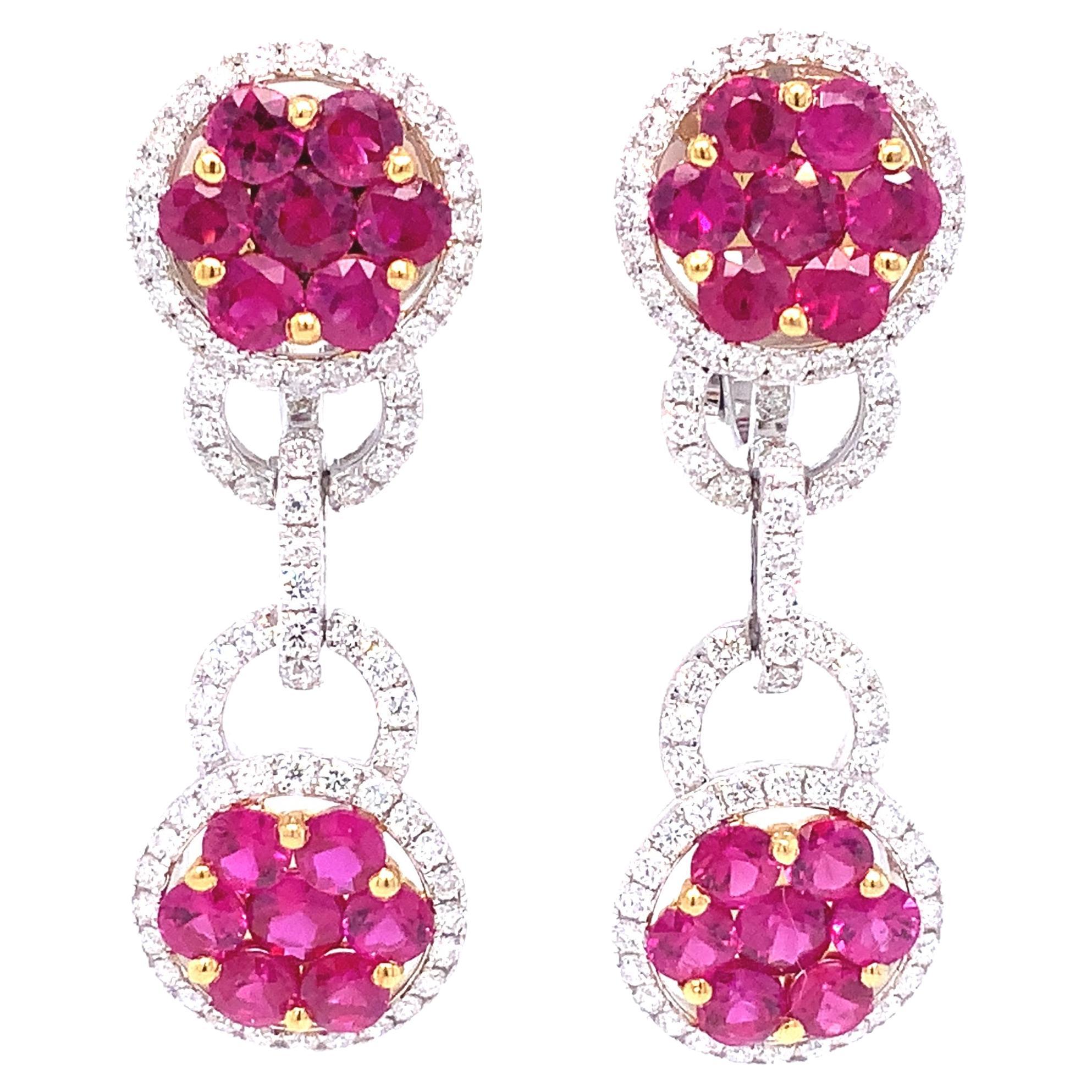 Ruby and Diamond Drop Earrings Set in 18 Karat White and Yellow Gold For Sale