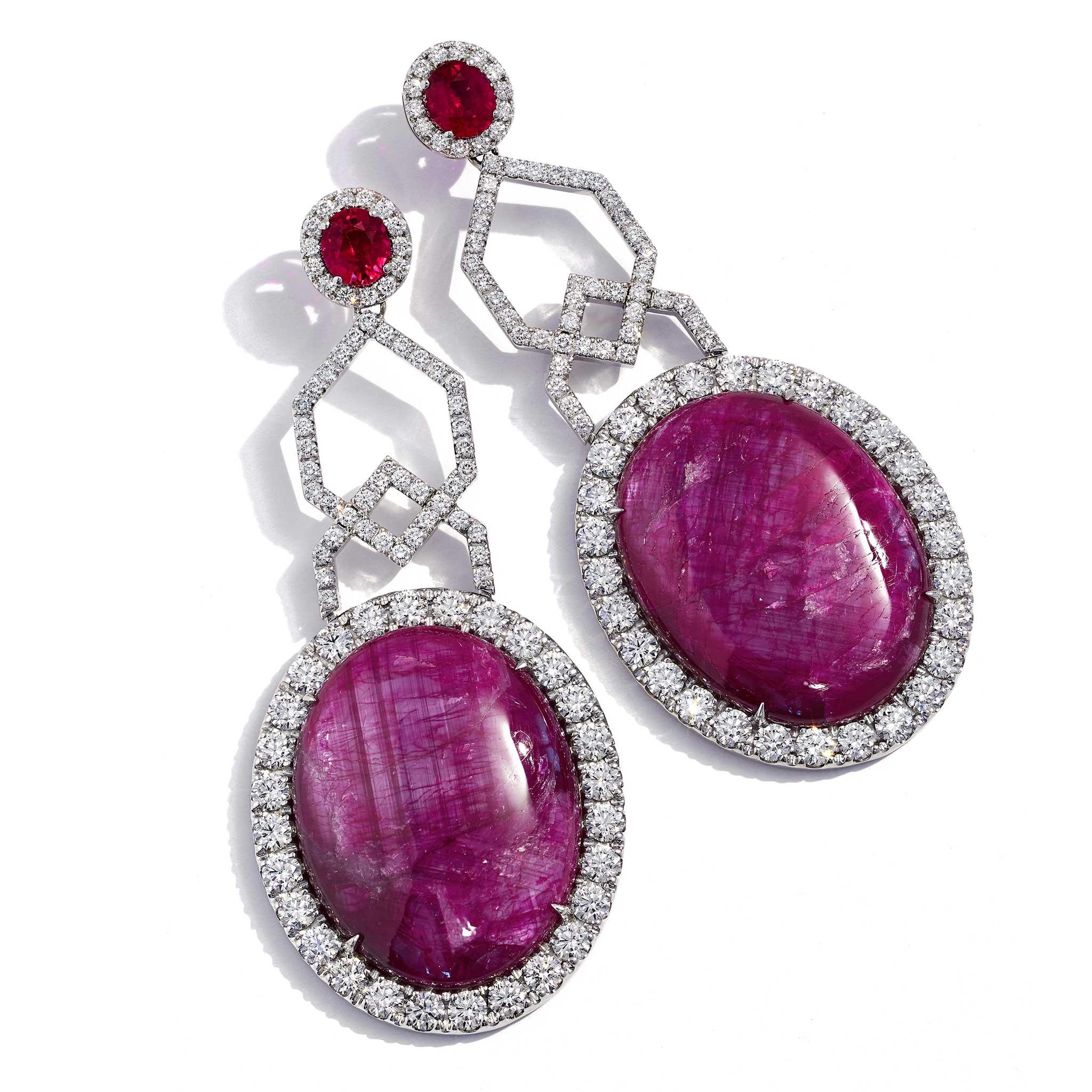Oval Cut Ruby and Diamond Drop Earrings Set in 18k White Gold by Shirin Uma For Sale
