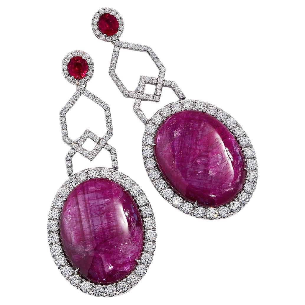 Ruby and Diamond Drop Earrings Set in 18k White Gold by Shirin Uma For Sale