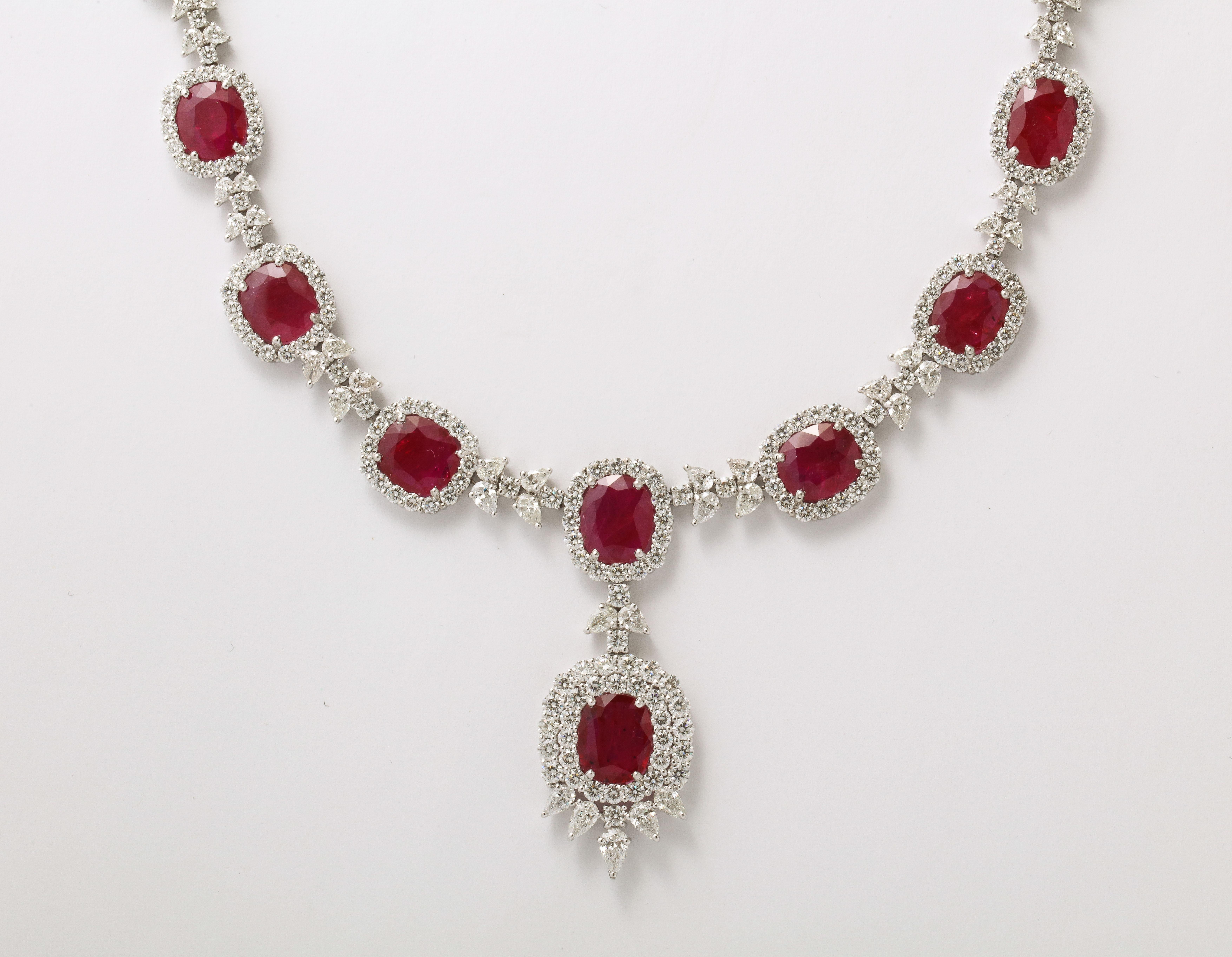 Cushion Cut Ruby and Diamond Drop Necklace For Sale