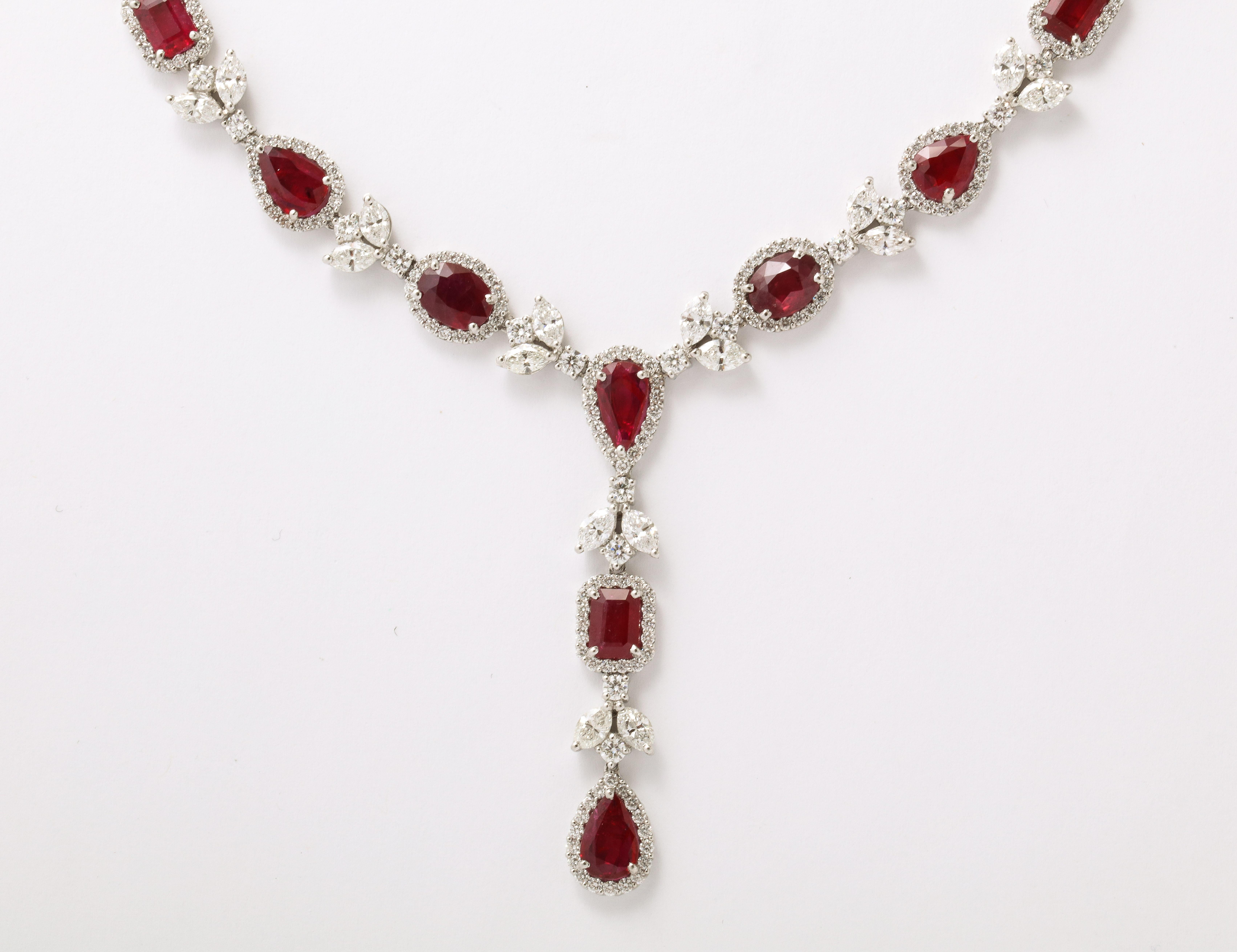 Pear Cut Ruby and Diamond Drop Necklace For Sale