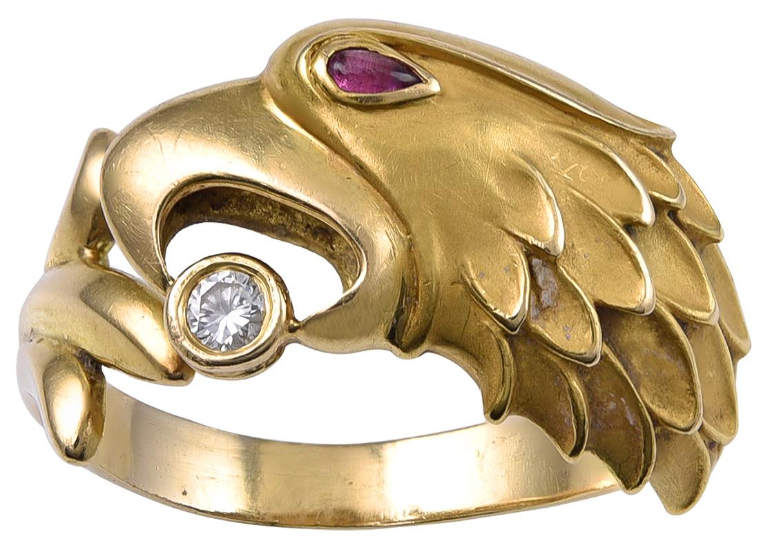 Women's or Men's Ruby and Diamond Eagles Head Ring For Sale