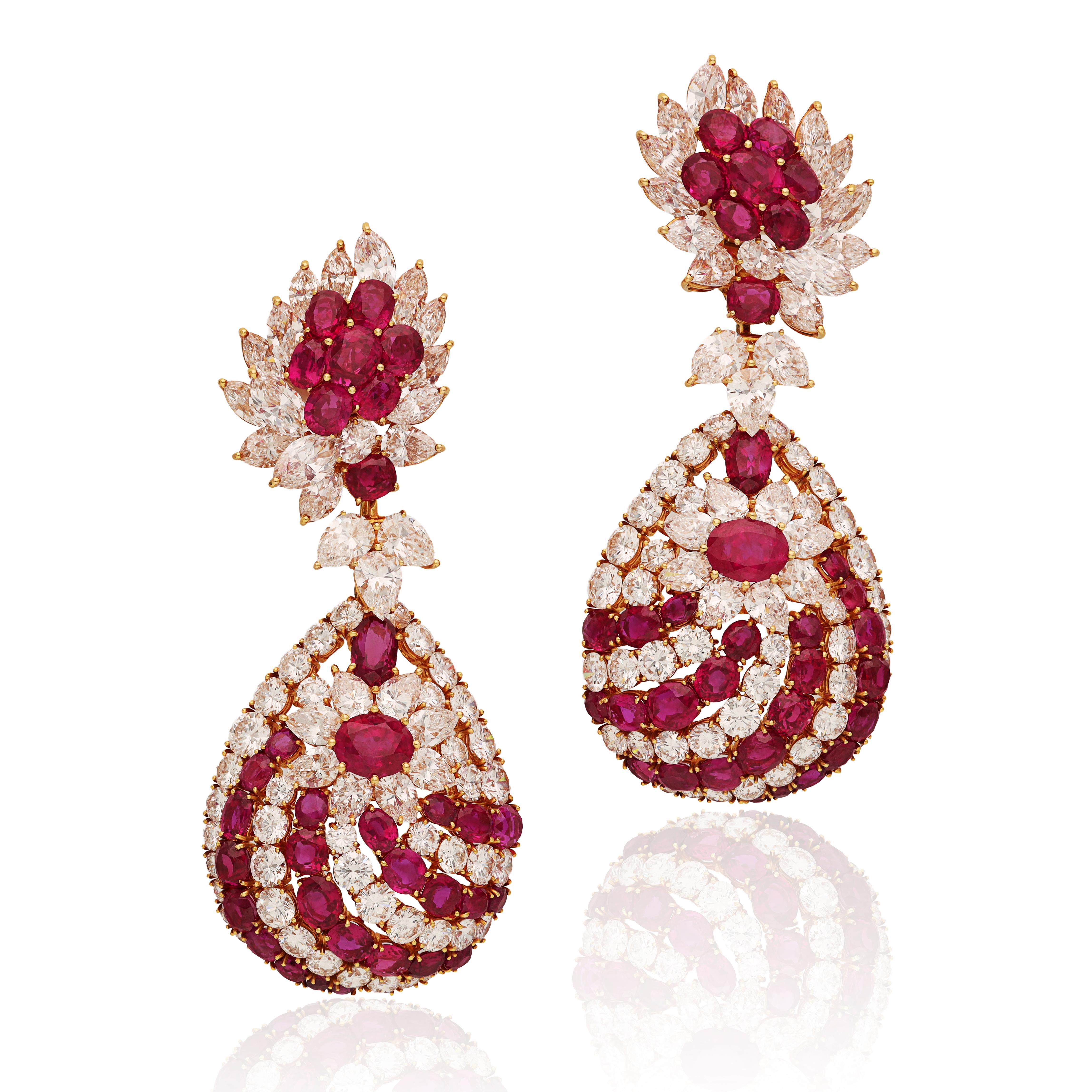 Taille Marquise Clips d'oreilles en rubis et diamants en vente