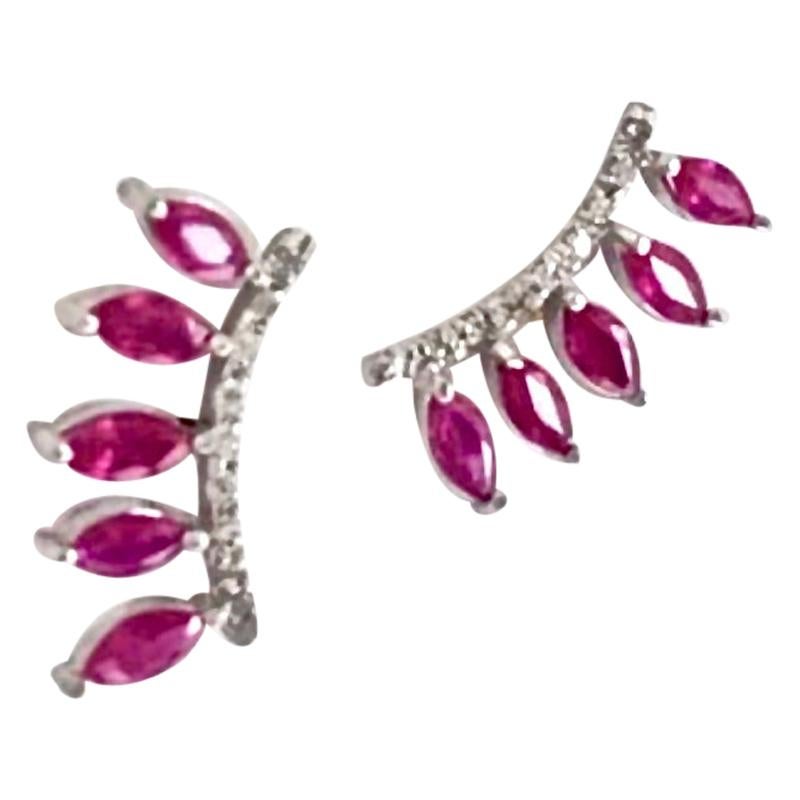 Ruby and Diamond Ear Cuff Climber Earrings 18 Karat Gold For Sale