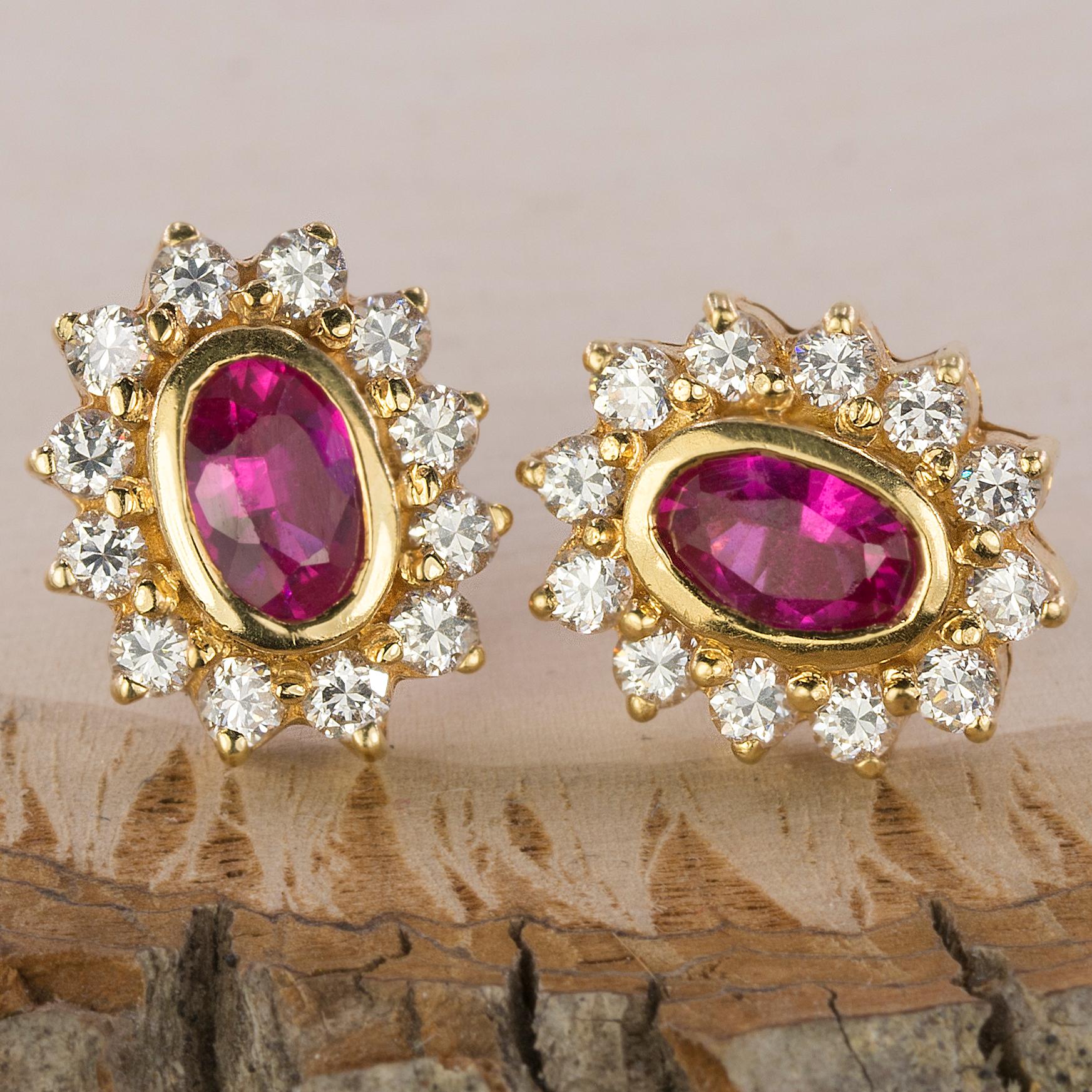 Absolutely STUNNING Vintage Earrings with 2 Beautifully Colored Natural Rubies Weighing Approx. 1.50 Carats, with Approx 0.72 Carts of Diamonds Set in 18K Yellow Gold. 