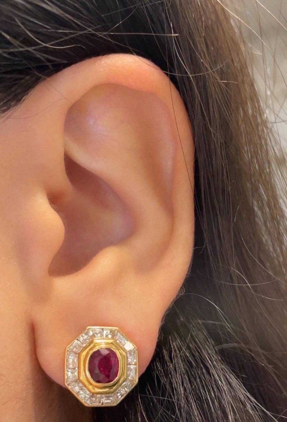 Ruby and Diamond Earrings 

Oval shaped earrings set with 2very fine oval rubies and 32 baguette-cut diamonds

Accompanied by AGL certificate stating rubies are of Thailand origin. 

Total Approximate Ruby Weight: 1.8 carats
Total Approximate