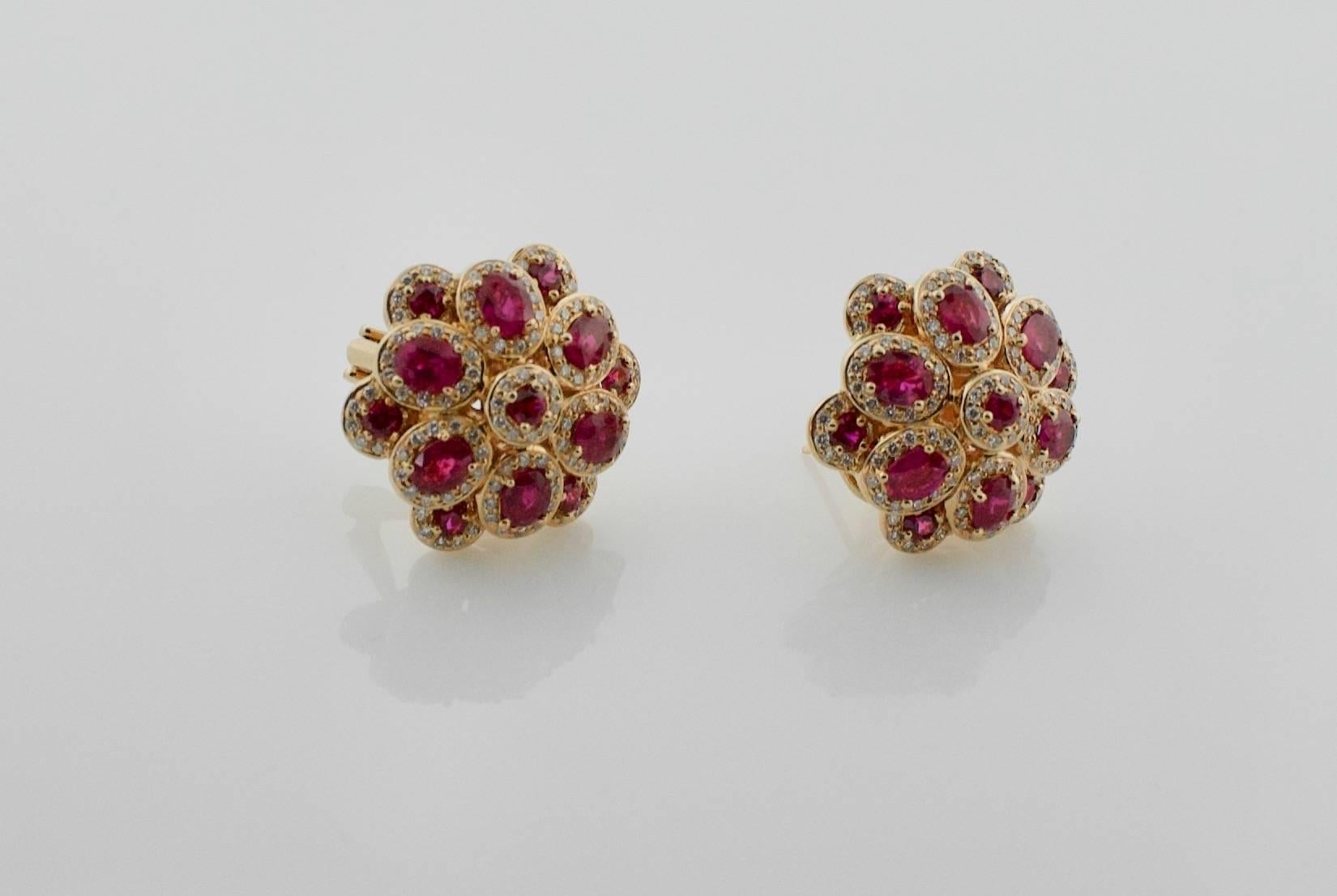 Ruby and Diamond Earrings in 18k Rose Gold 5.25 cts. in Ruby. [bright with no imperfections visible to the naked eye]
1.20 in Round Brilliant Cut Diamonds [GH VS-SI1]
Clip Back