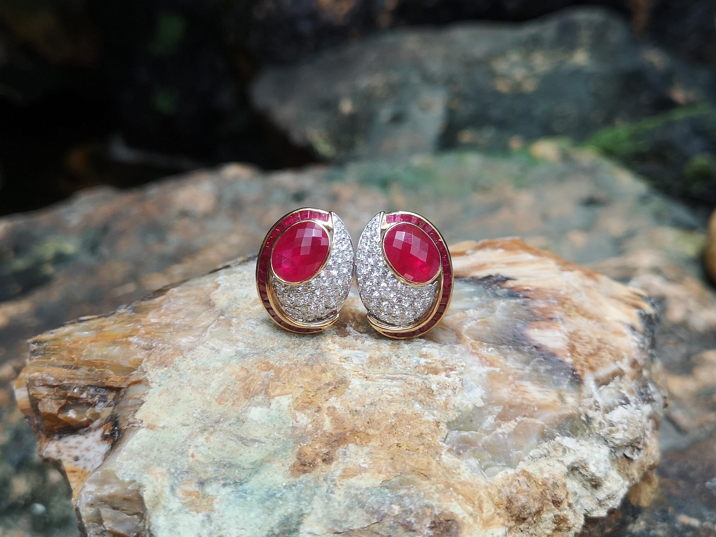 Mixed Cut Ruby and Diamond Earrings Set in 18 Karat Gold Settings For Sale
