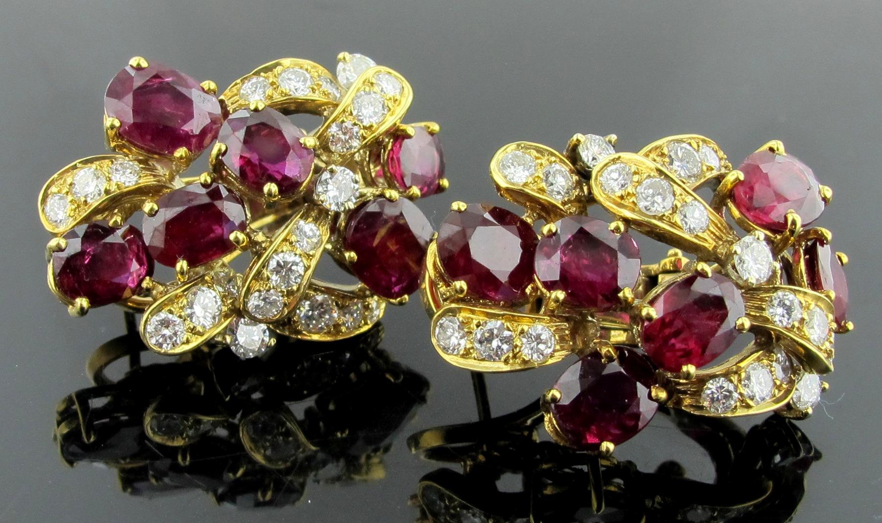 Women's or Men's Ruby and Diamond Earrings Set in 18 Karat Yellow Gold