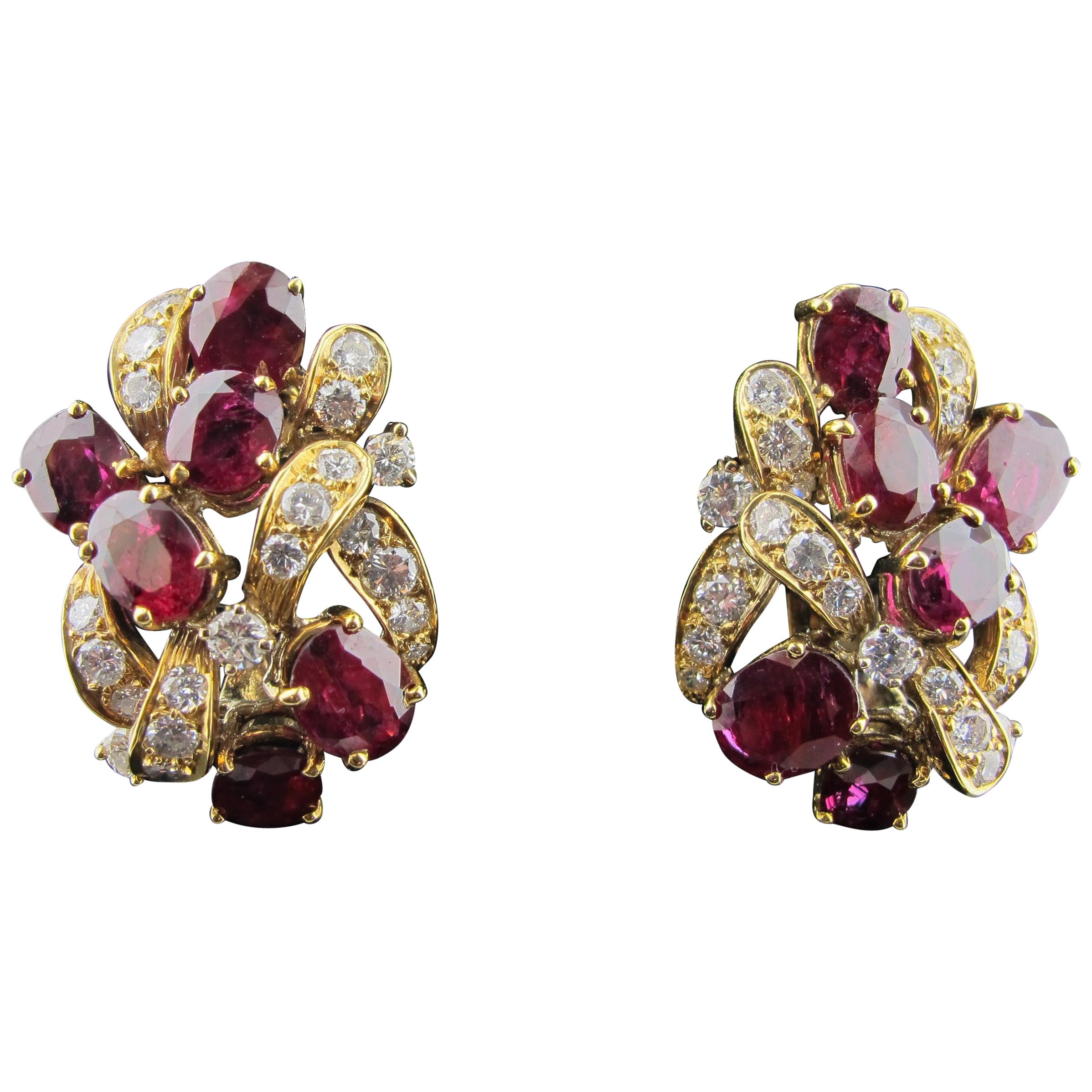 Ruby and Diamond Earrings Set in 18 Karat Yellow Gold