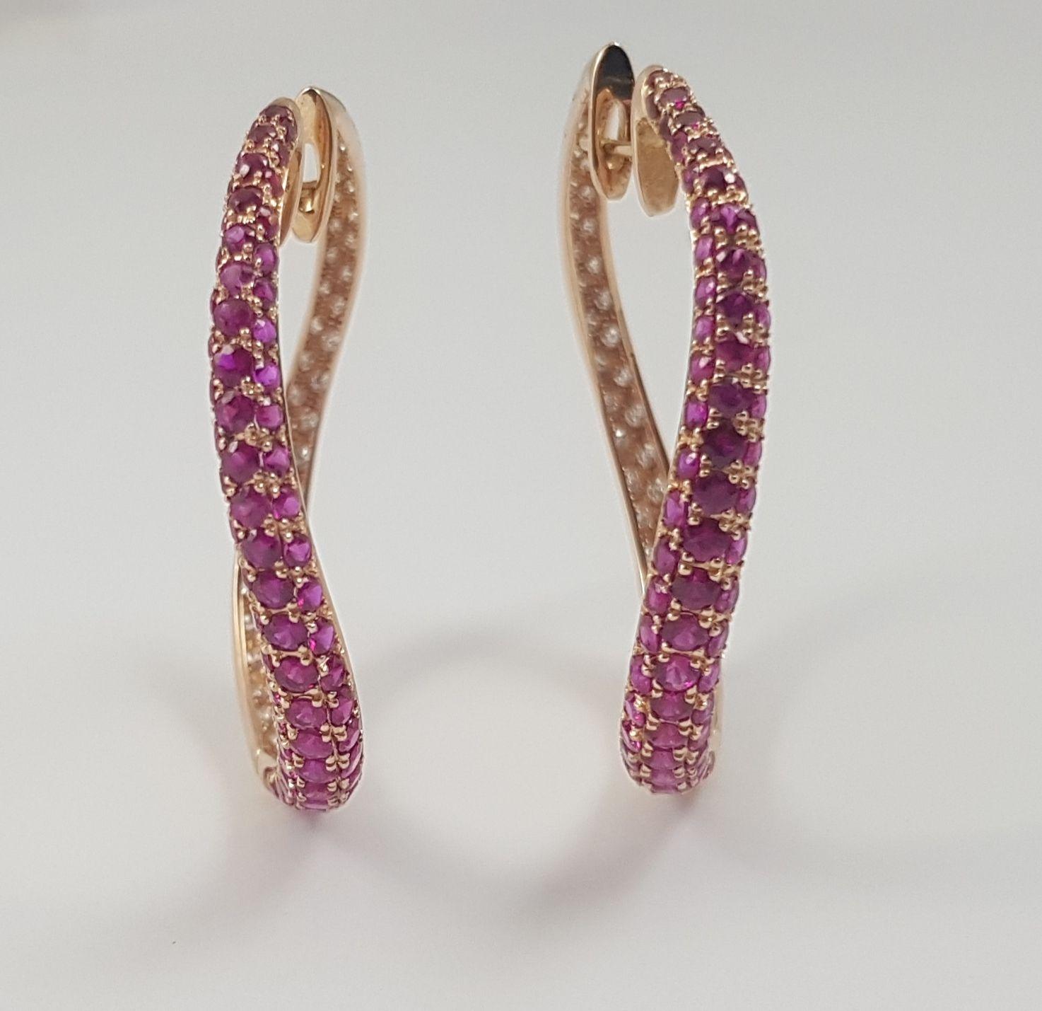 Brilliant Cut Ruby and Diamond Earrings set in 18K Rose Gold Settings  For Sale