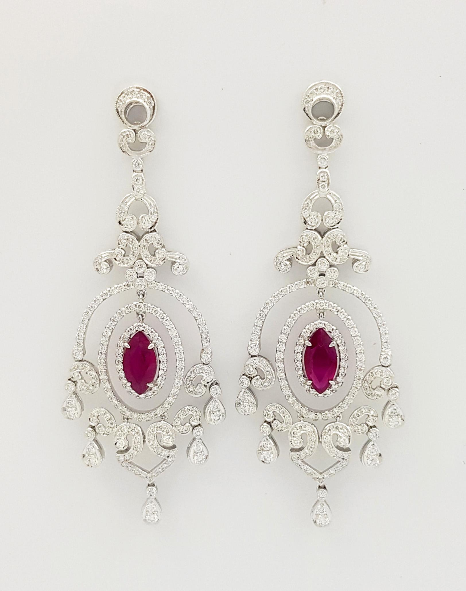 Contemporary Ruby and Diamond Earrings set in 18K White Gold Settings For Sale