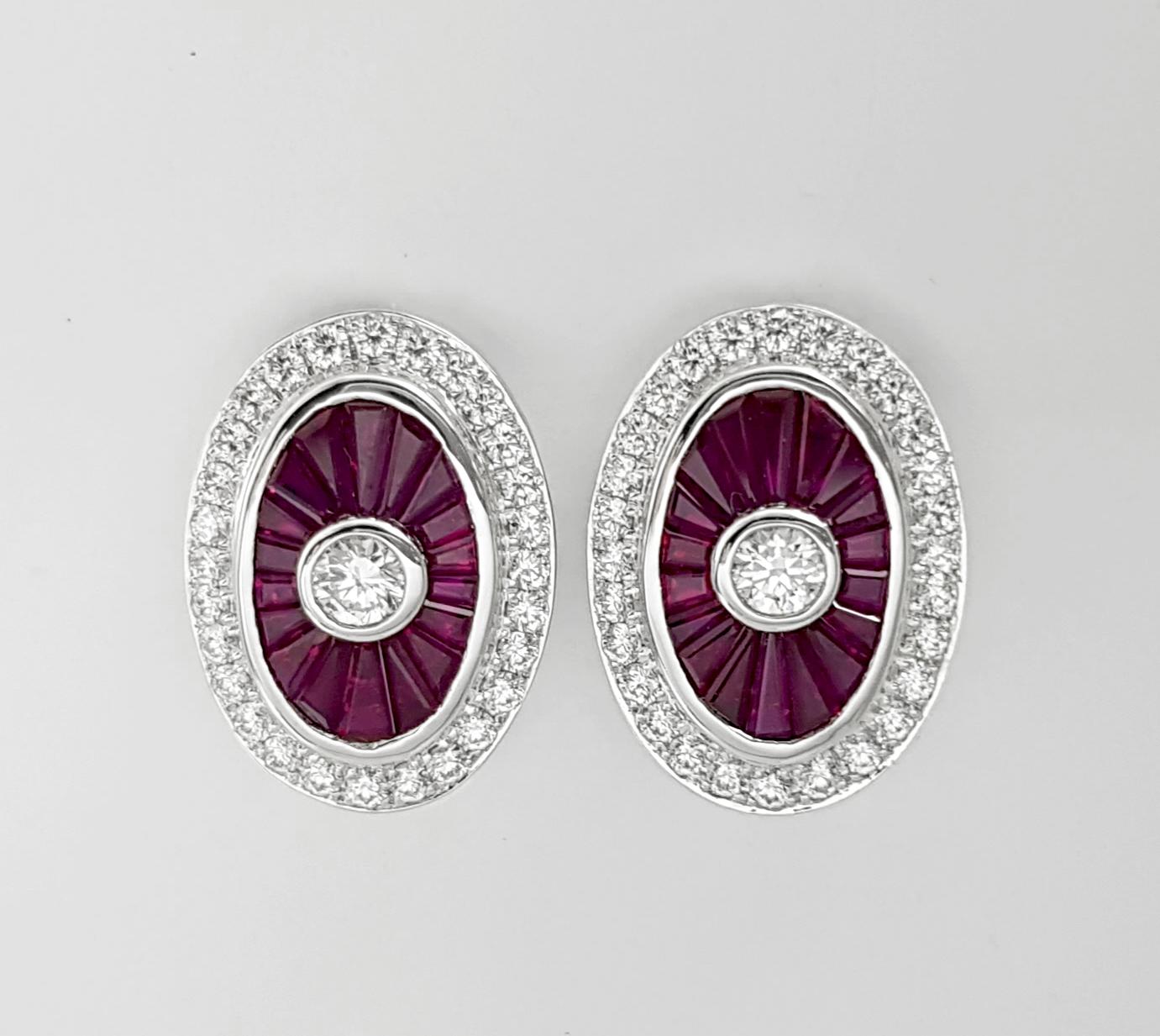 Art Deco Ruby and Diamond Earrings set in 18K White Gold Settings For Sale