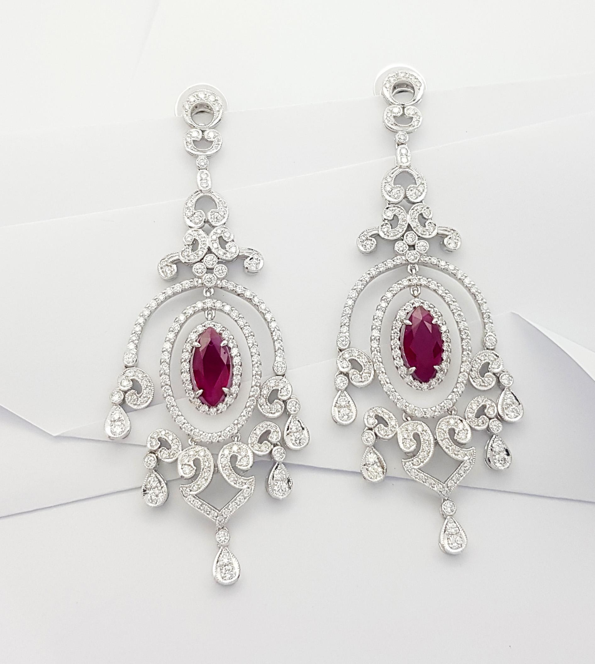 Mixed Cut Ruby and Diamond Earrings set in 18K White Gold Settings For Sale