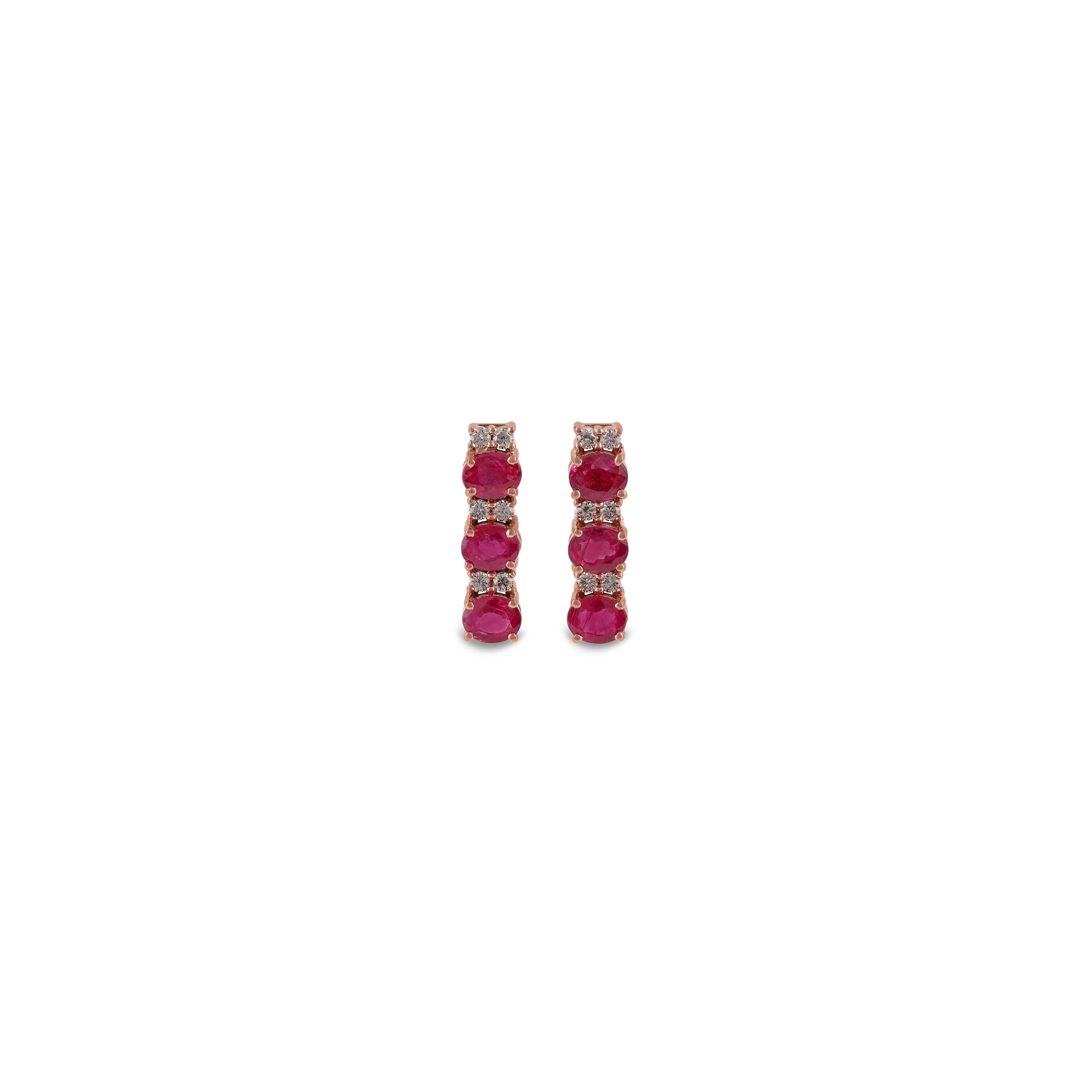 Magnificent Ruby and Diamond Earrings Studded in 18 Karat Rose Gold

These are an exclusive earrings with ruby & diamonds features 6 pieces of rubies weight 1.81 carats, surrounded with 12 pieces of diamonds weight 0.18carats, these entire earrings