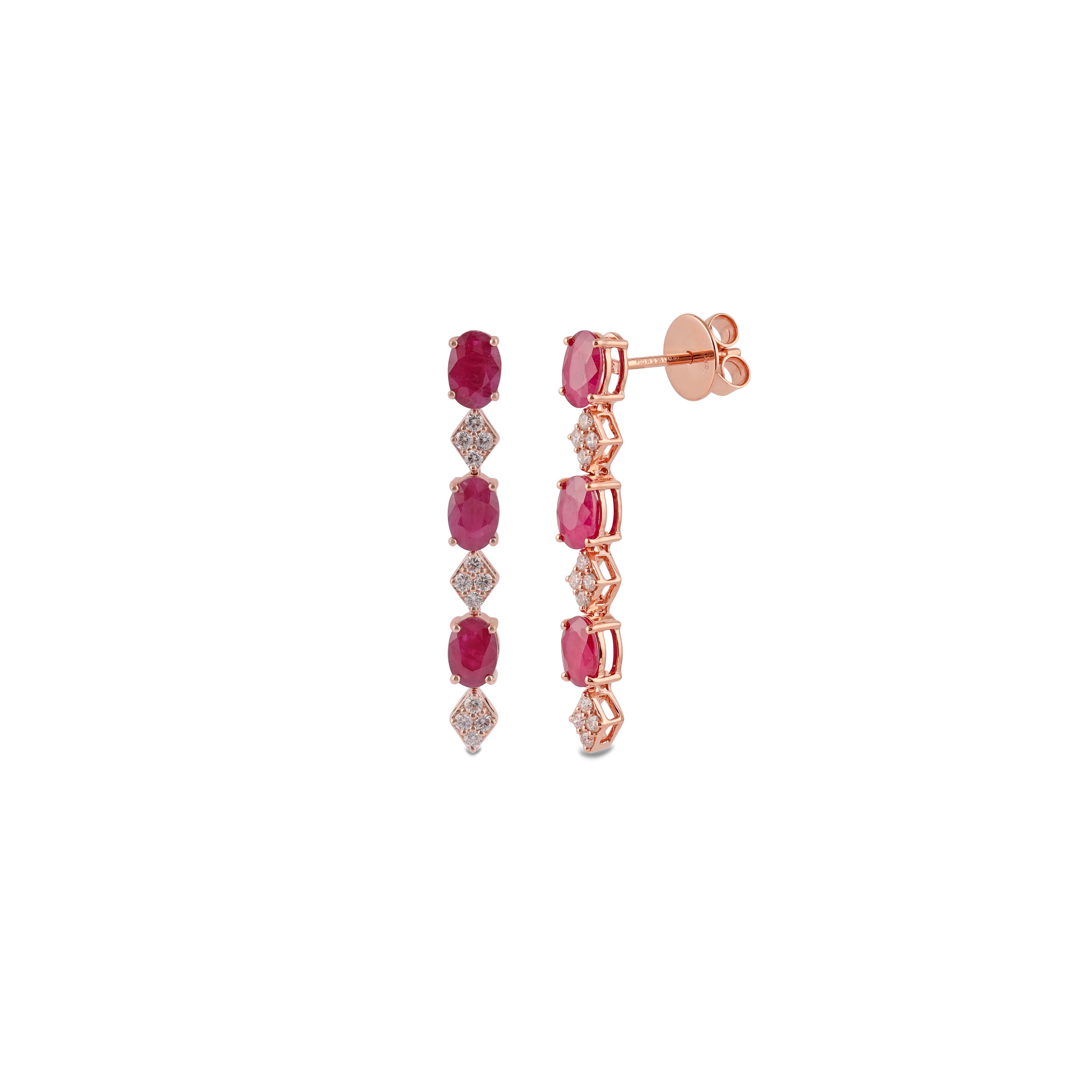 Contemporary Ruby and Diamond Earrings Studded in 18 Karat Rose Gold For Sale